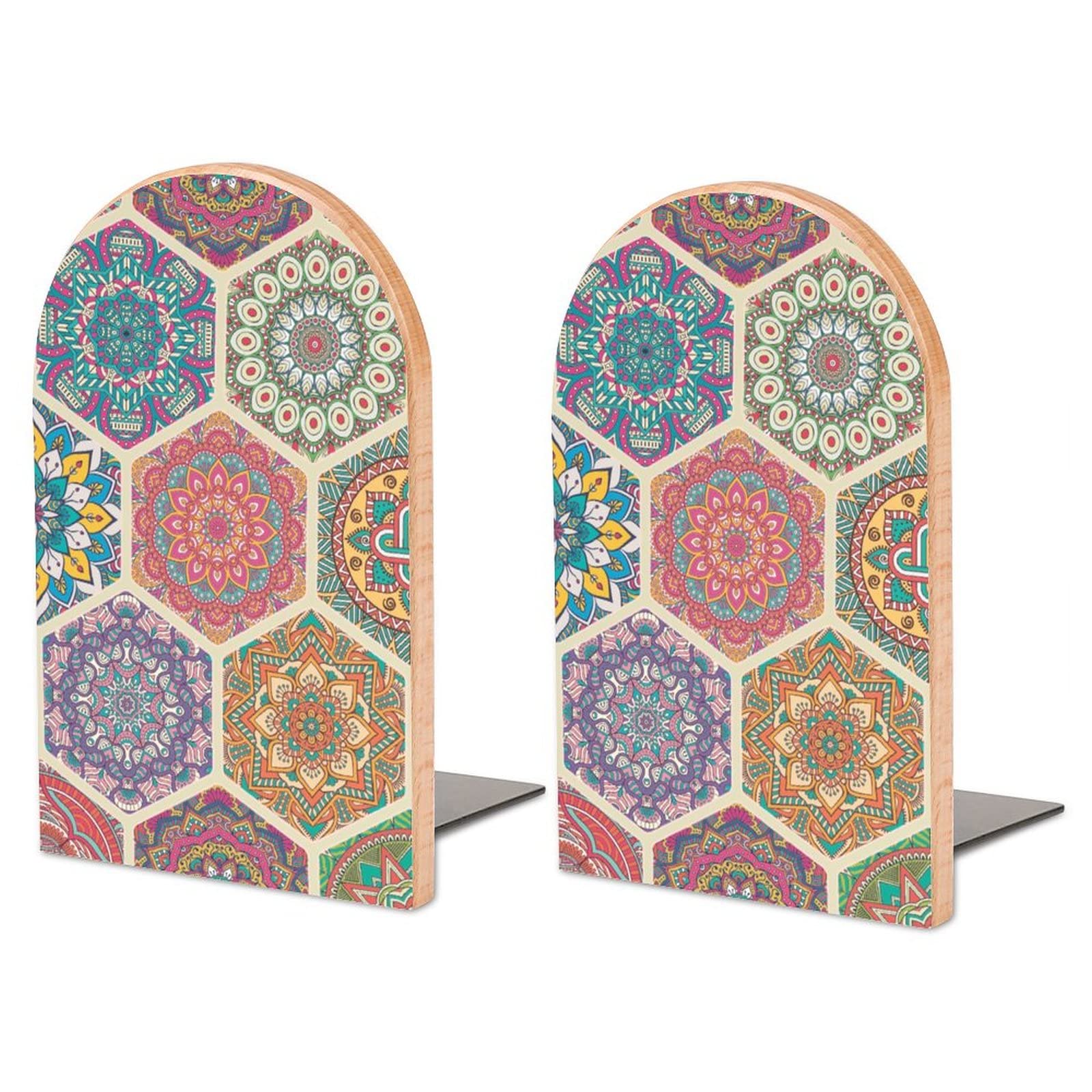 Mandala Bookends Heavy Duty Book Stand 1 Pair for Home Office Shelves Decorative