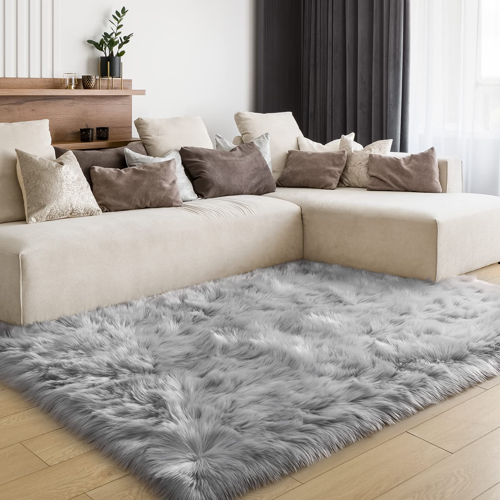 LOCHAS Soft Fluffy Grey Faux Fur Rugs for Bedroom Bedside Rug 4x6 Feet, Washable, Furry Sheepskin Area Rug for Living Room Girls Room, Luxury Shag Carpet Home Decor