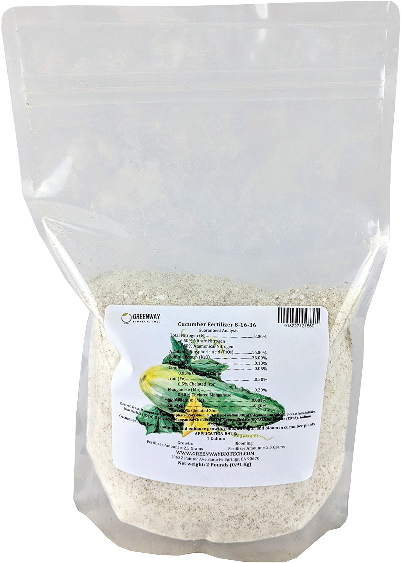 Greenway Biotech, Inc. Cucumber Fertilizer 8-16-36-100% Water Soluble Plus Chelated Micronutrients Suitable for Soil, hydroponics, and aeroponics - 2 Pounds (Makes ~400 Gallons)
