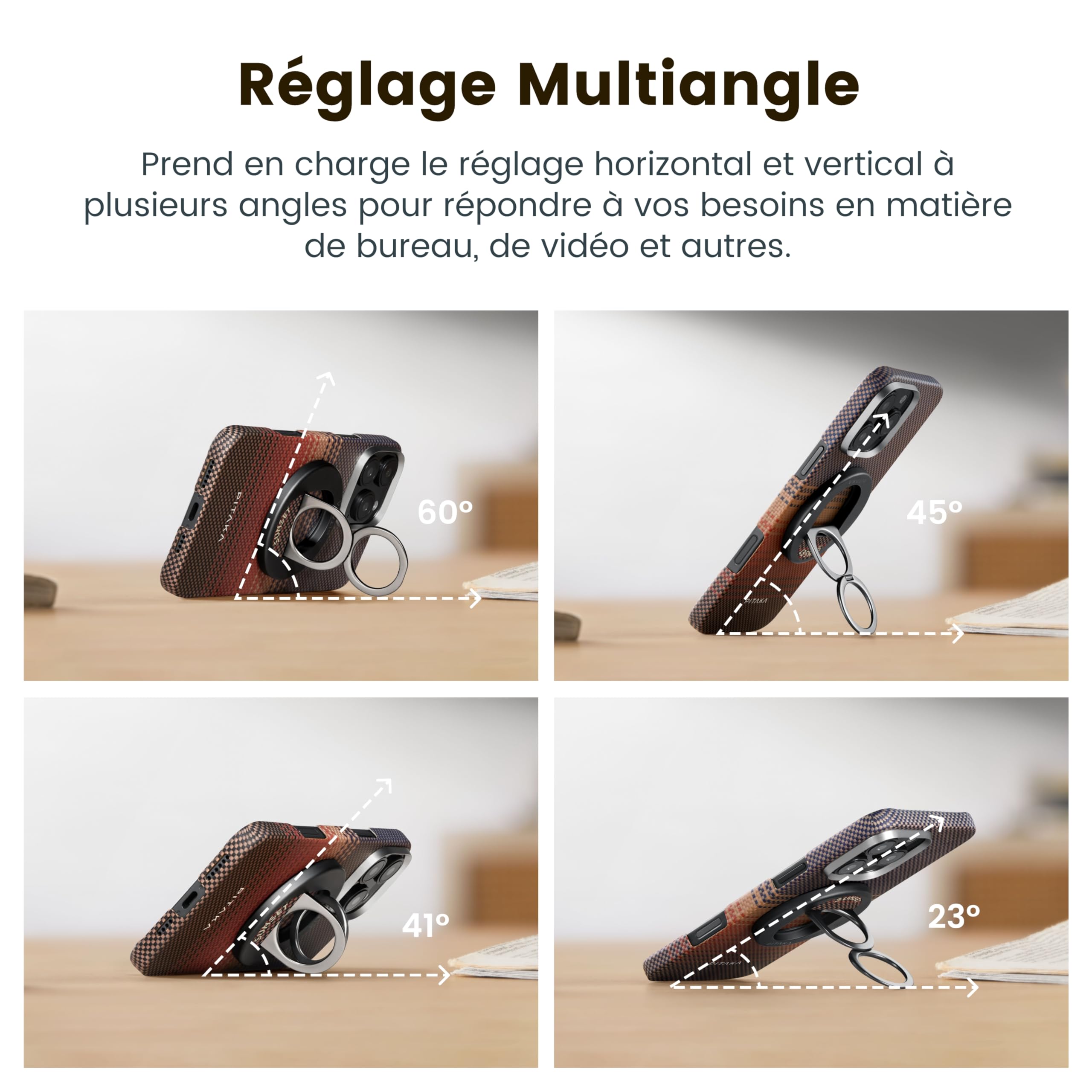pitaka Poignée Magnétique Support pour Anneau de Téléphone avec Double Anneau Porte Doigt Réglable en Fibre Aramide pour iPhone 16/15/14/13 Noir/Gris
