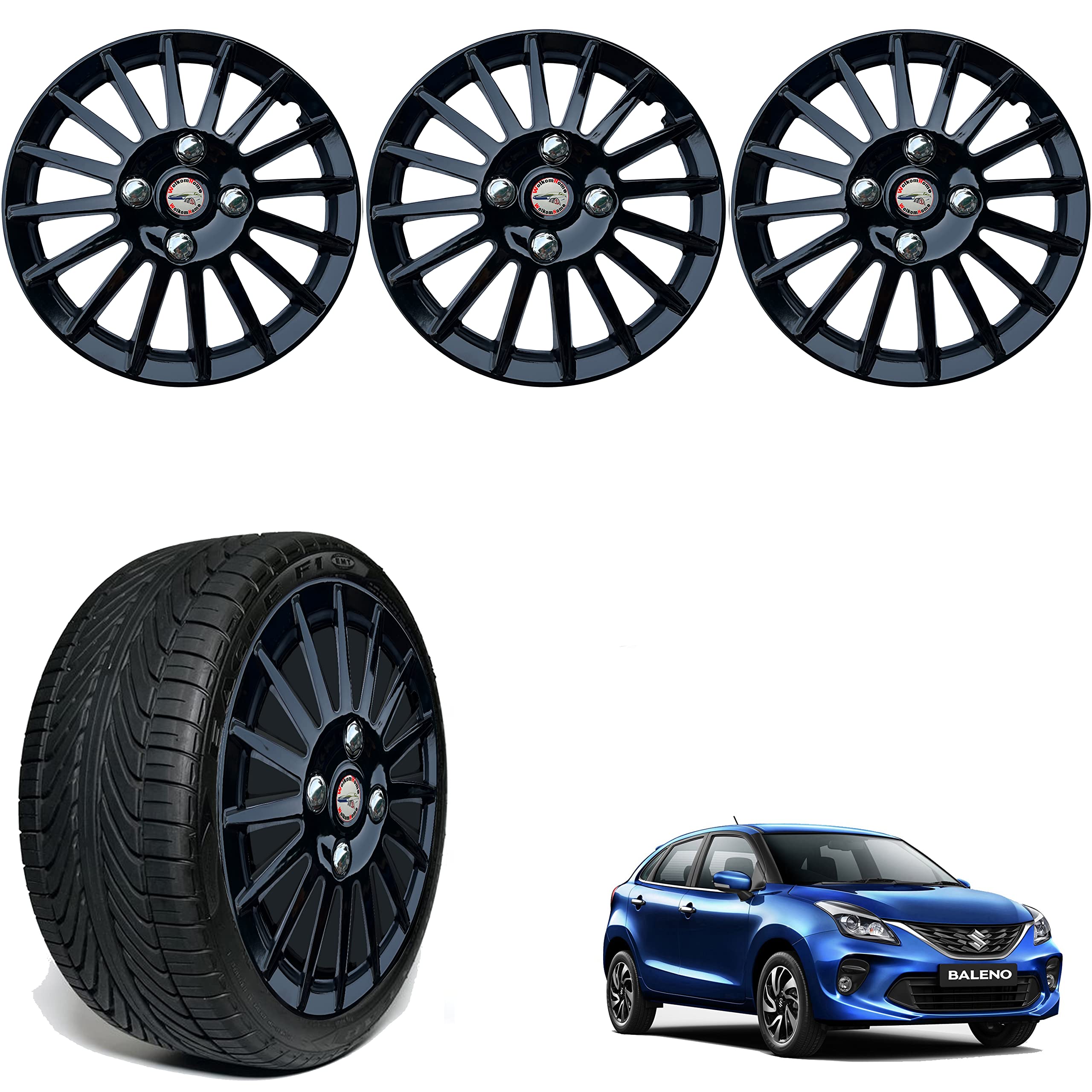 WolkomHome car Wheel Cap, Hub Cap Wheelcover 15 Inch Wheel Cover Multi Spike Full Black Colour for Baleno 2020