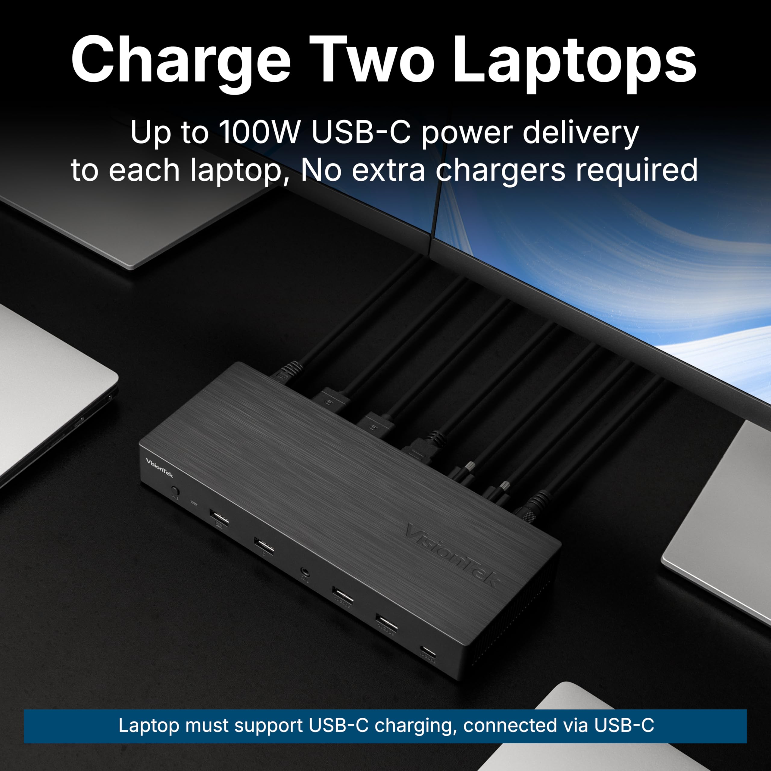 VisionTek VT4950 Stacja dokująca KVM USB-C – podwójne ładowanie 100 W, potrójny wyświetlacz 4K, 4 x USB, 1 x USB-C, Ethernet i audio, do Windows, 7 portów USB, Mac i Chrome OS 901520, 20 cm dł. x 8,6