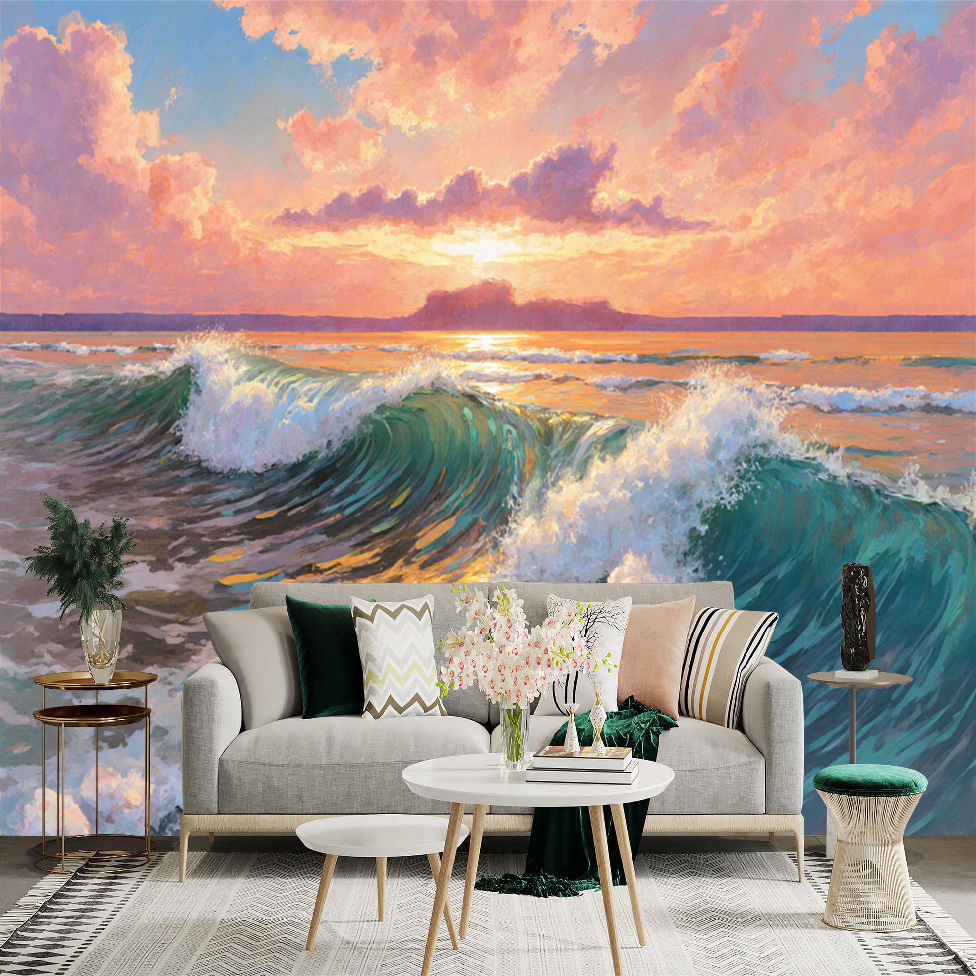 Custom Size Wall Sticker Mural， Ocean Waves with Sunset Sky and Golden Reflections， for wall Decoration， peelandstick wall Decals.