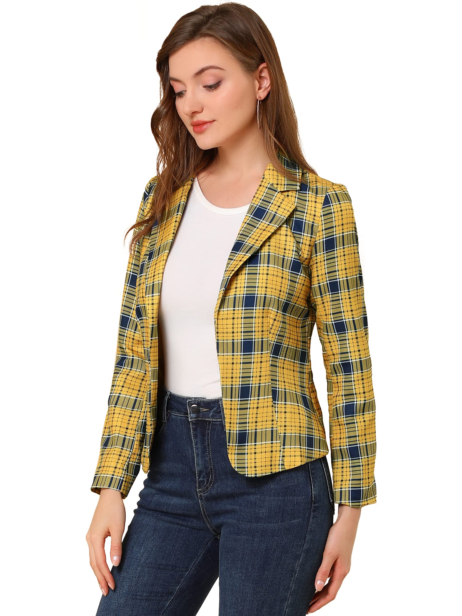 Allegra K Women's Work Office Blazer Stretch Lapel Collar Long Sleeve Jacket Suit Blazer, Yellow-Plaid, XL