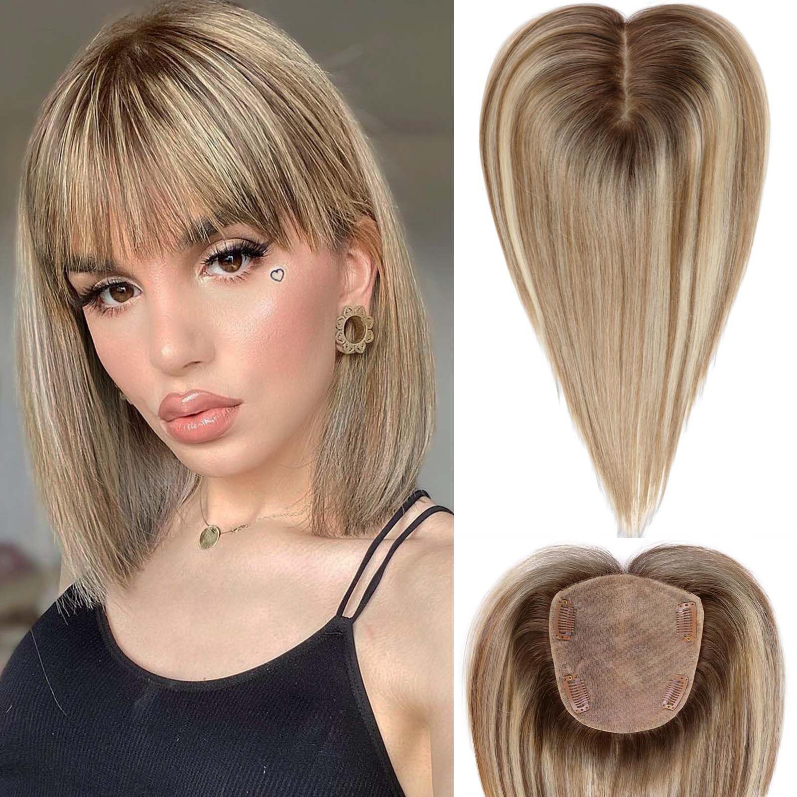 HAIRCUBE 5"*5.5" Large Base Hair Toppers for Women Real Human Hair Topper, 12 inch Light Brown with Blonde Highlight 100% Human Hair Topper, with