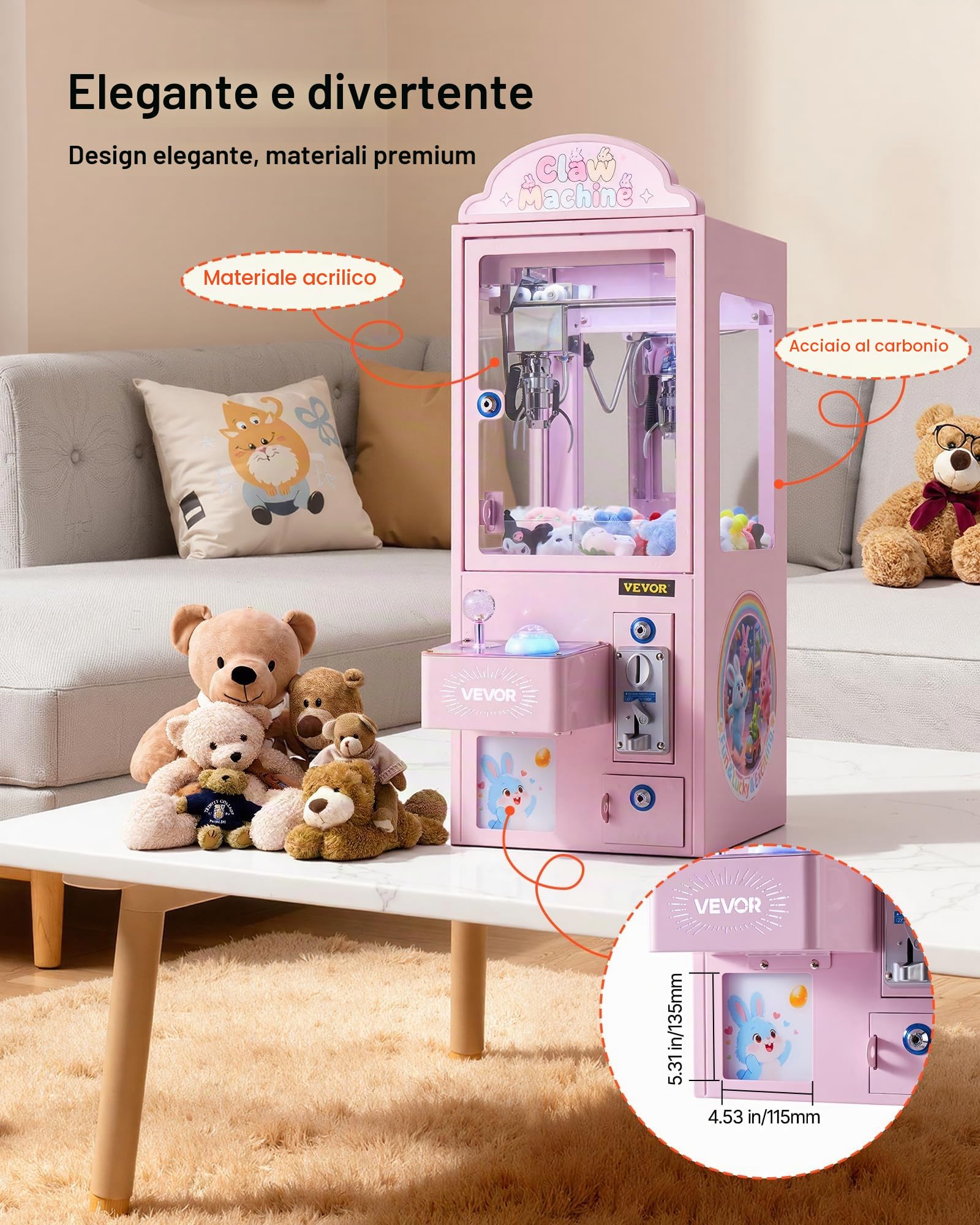 VEVOR Macchina ad Artiglio Giocattolo per Bambini con Luci e Suoni, Artigli in Acciaio Regolabili, Distributore di Premi per Caramelle Giocattolo Preciso, per Feste Commerciali in Casa e Cinema