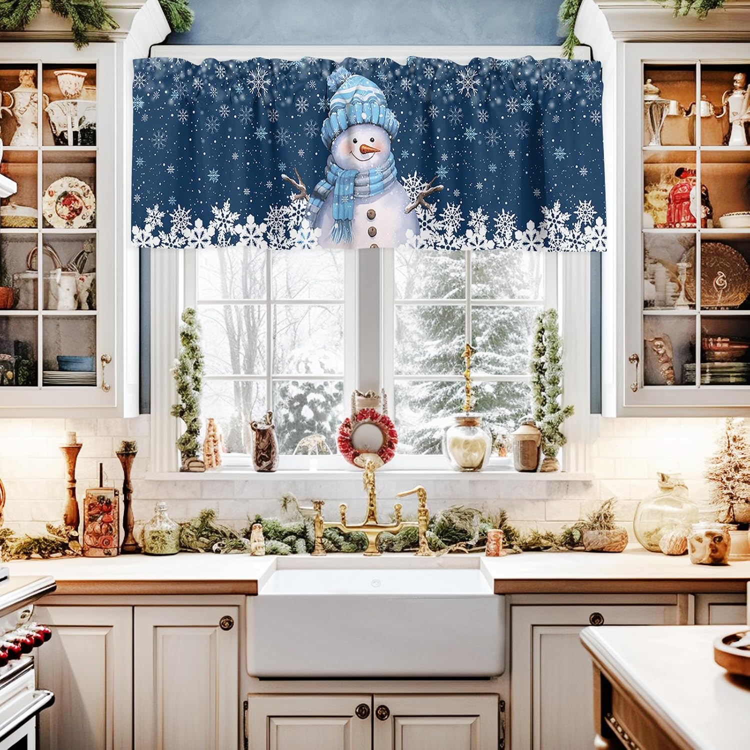 Winter Snowman Christmas Kitchen Curtains and Valances Set, Farmhouse Cafe Curtains Tier Rod Pocket Half Window Curtain 24 Inch Length Blue Christmas Snowflake Xmas 3 Piece Kitchen Curtain Set