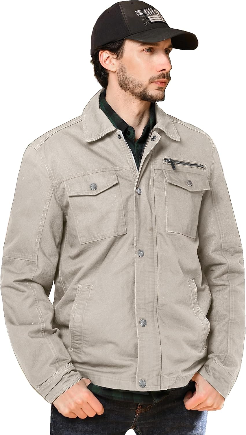 WenVen Men's Casual Canvas Cotton Military Lapel Jacket - Image 2