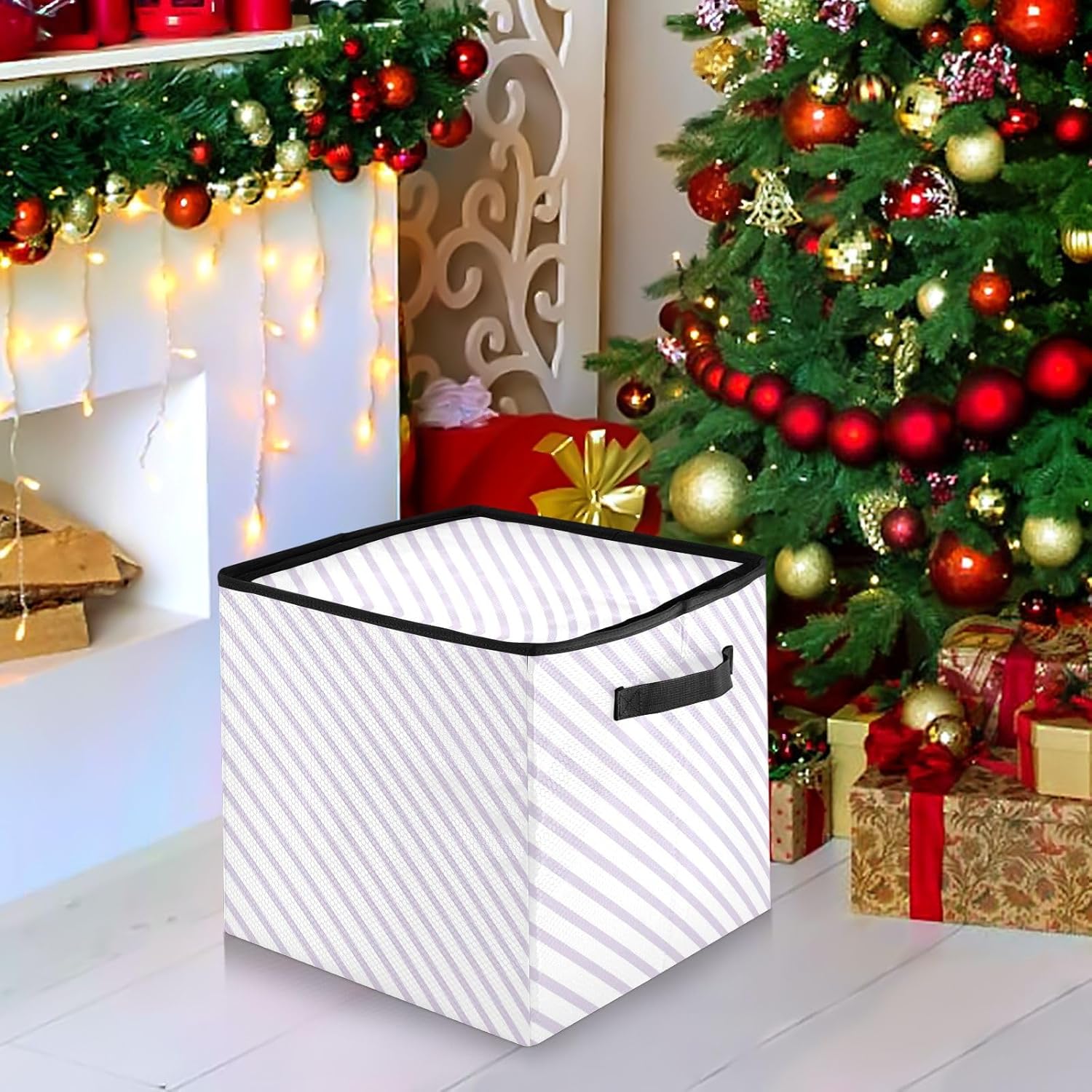 High Capacity Christmas Ornament Storage Box Holds Up to 64, Adjustable Dividers, Zippered Top, Two Handles sturdy Holiday Storage Case with Lid,Purple Stripes