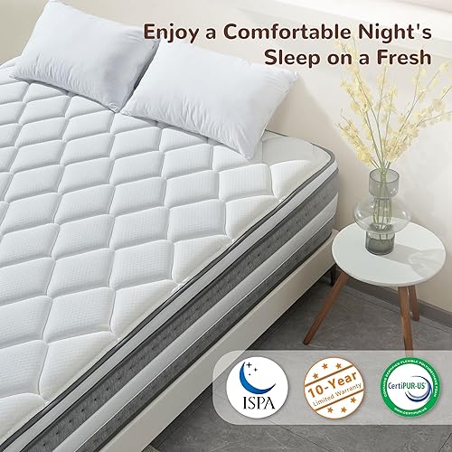 Miniatura 3 de Colchón King híbrido tamaño King de 14 pulgadas con espuma viscoelástica y resortes individuales para aislamiento de movimiento, alivio de presión,