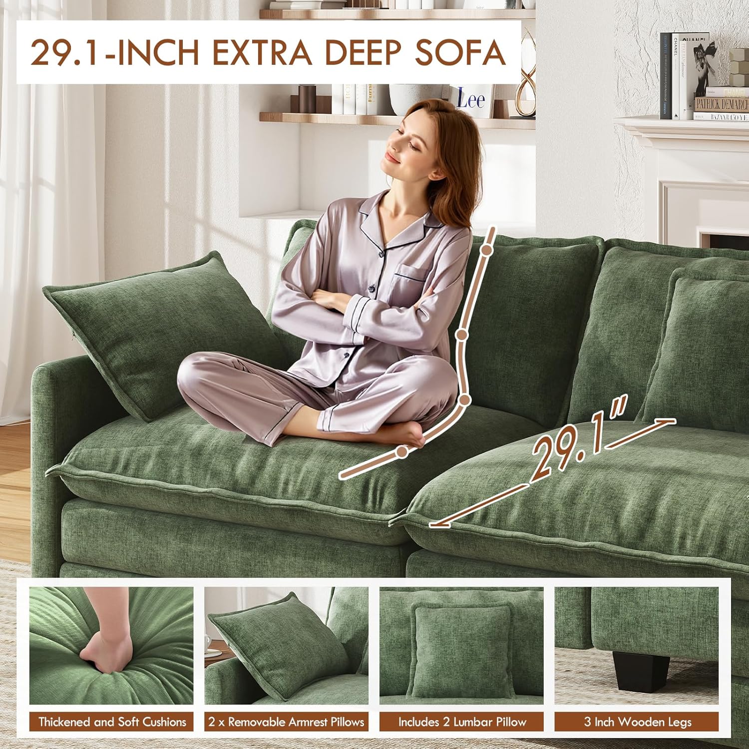WorthFurni 77 Inch L Shape Cloud Sofa, Modular Sectional Couch with Ottoman, Comfy Chenille Deep Seat Loveseat with Pillow for Living Room Bedroom Apartment (Green)