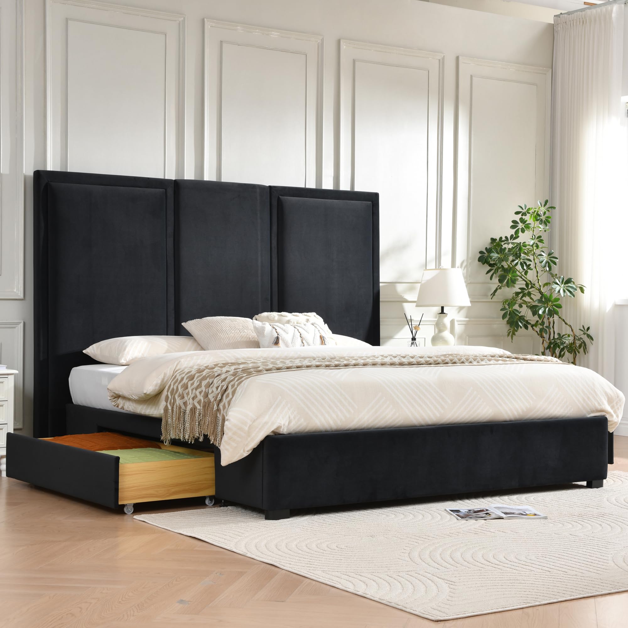 YUHUASHI King Size Bed Frame with 64-inch High Headboard, Simple and Airy Linen Upholstered Platform Bed with Storage Drawers, Wood Slat, No Noise (