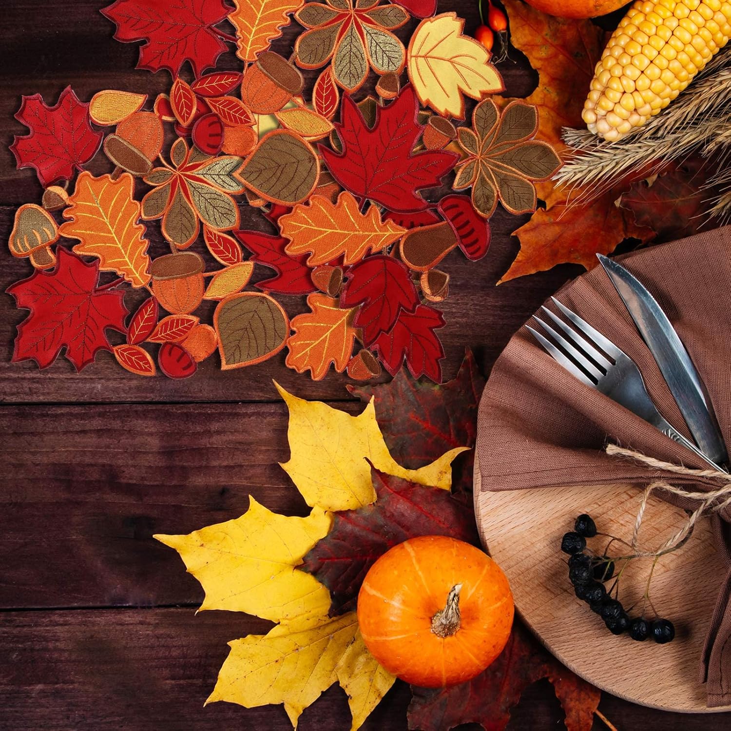 Fall Placemats Set of 6 Thanksgiving Place Mats Fall Autumn Maple Leaf Embroidered Placemats 11 x 17 Inch Thanksgiving Table Place Mats Decorations for Home Dinning Kitchen Autumn Harvest