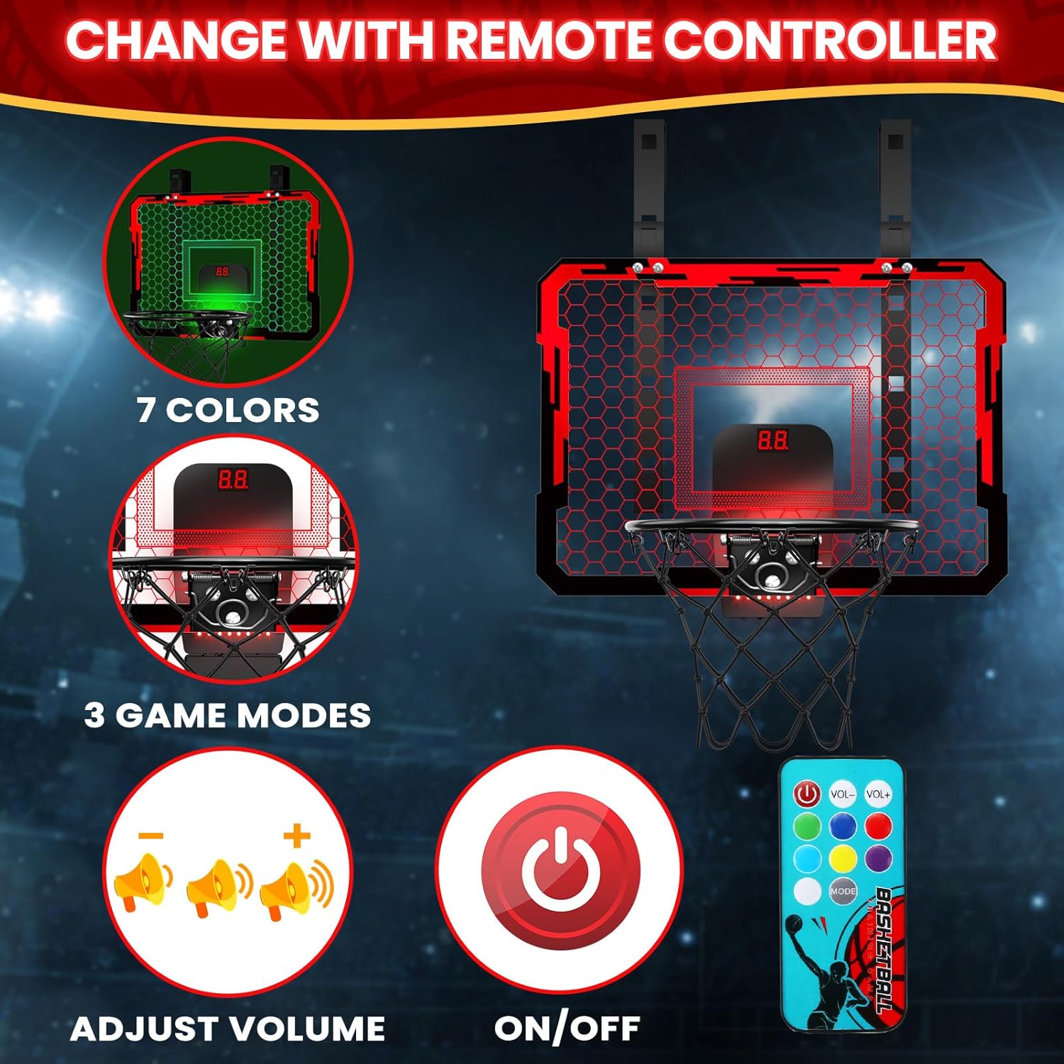 QDRAGON Mini Basketball Hoop, Over The Door Indoor, with 3 Balls/Inflator/Breakaway Rim, Basketball Toy Gifts for Kids and Adults, Suit for Bedroom/Office/Outdoor, Red with Scoreboard & 7 Light
