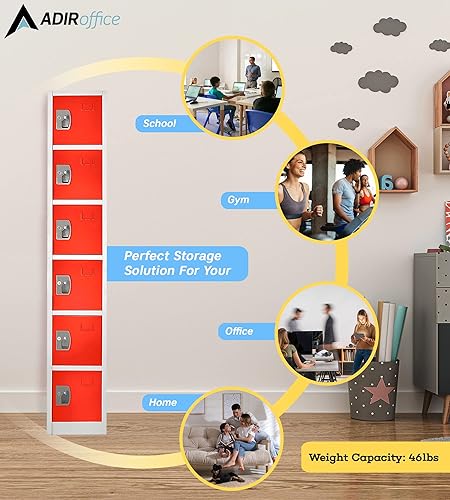 Miniatura 7 de AdirOffice Armario escolar grande con 6 puertas y 6 ganchos para almacenamiento de garaje, armarios de almacenamiento de oficina (6 puertas, rojo)
