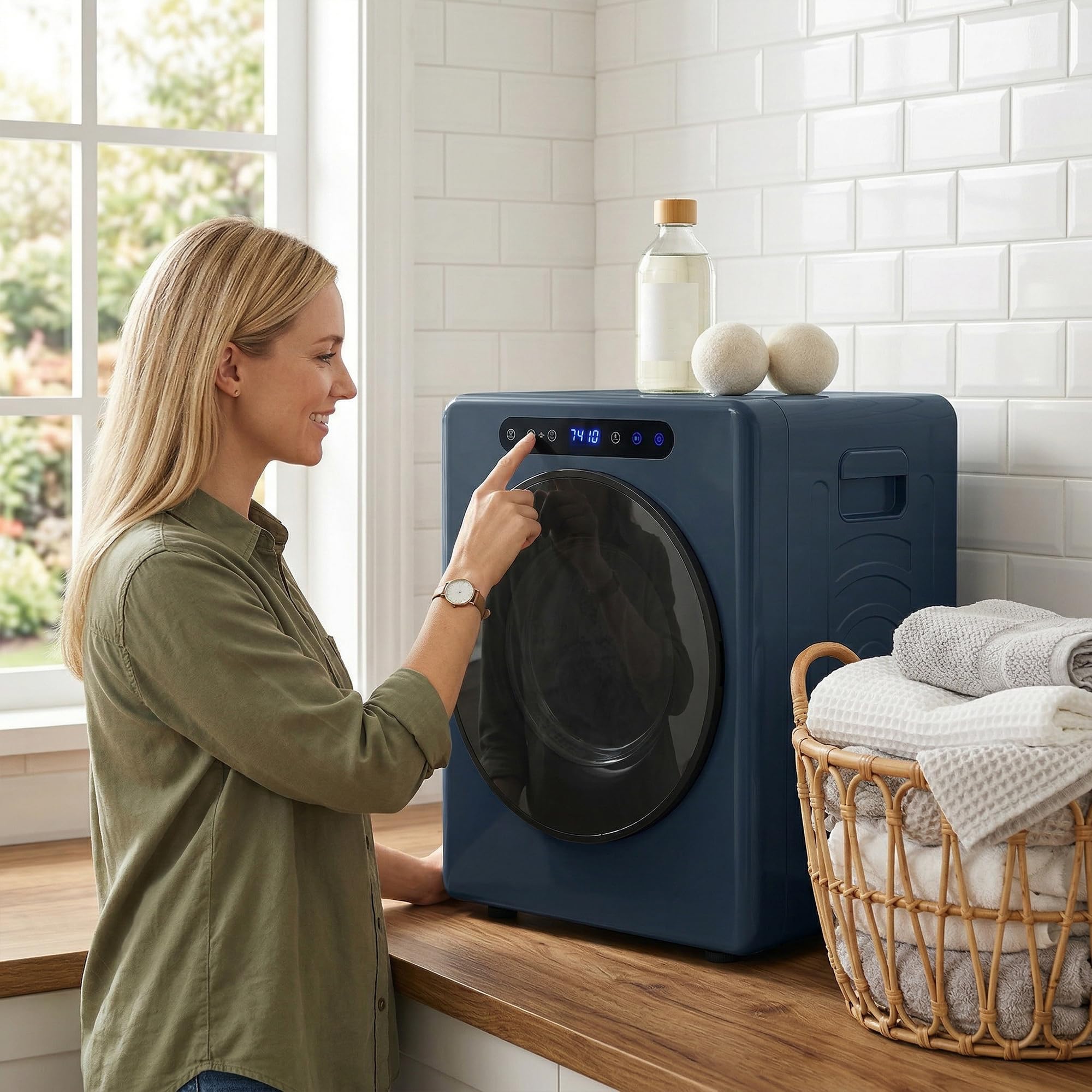 HOMCOM Mini asciugatrice di scarico 5 kg con sterilizzazione, 6 programmi fino a 60 ℃, 1000 W asciugatrice con touch screen tamburo in acciaio inox, timer, per camper, casa, blu