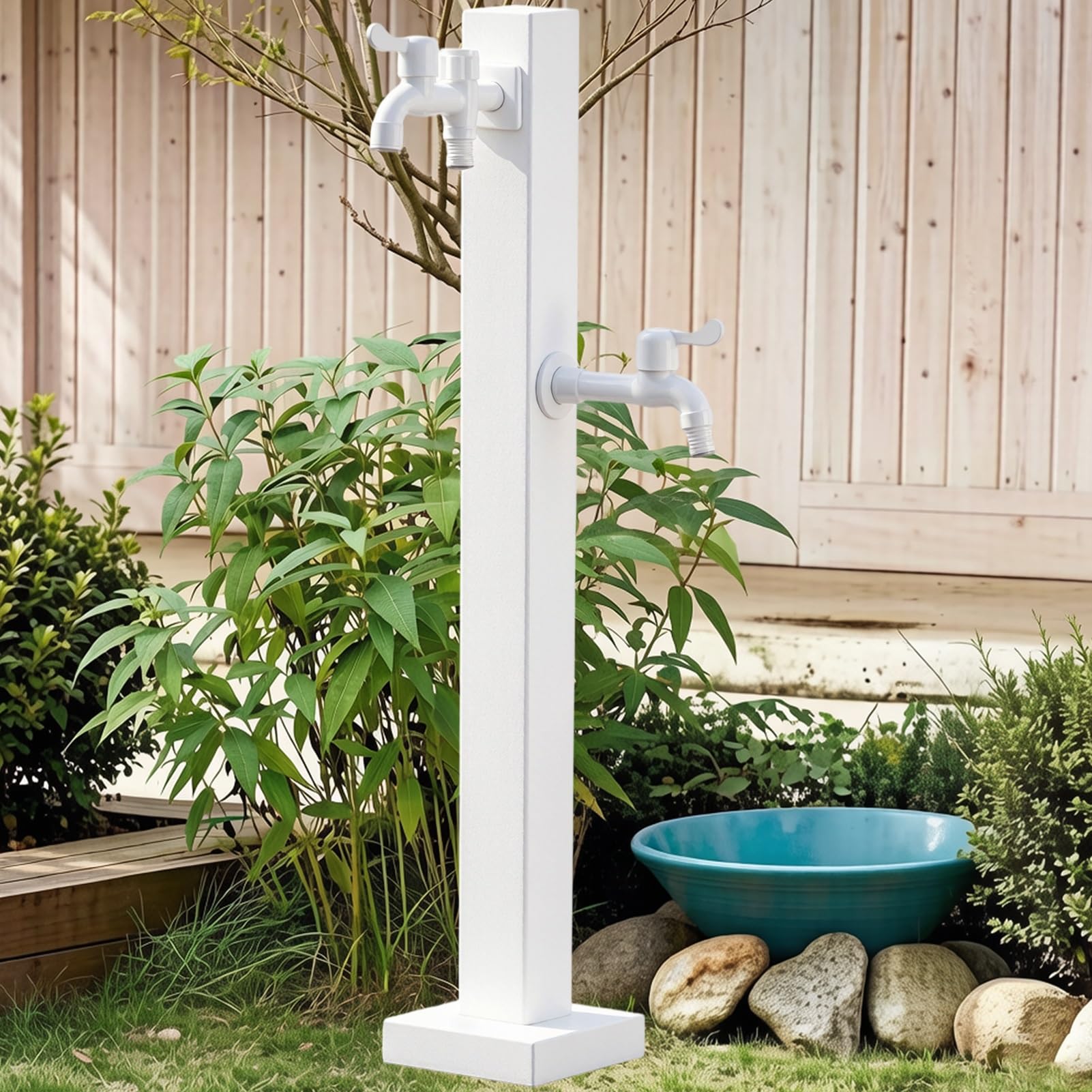 Columna De Agua De Jardín Independiente Cuadrada Blanca, Grifo para Exteriores Anticongelante 3 Salidas, Hidrante De Jardín, para Terraza Patio Césped Granja