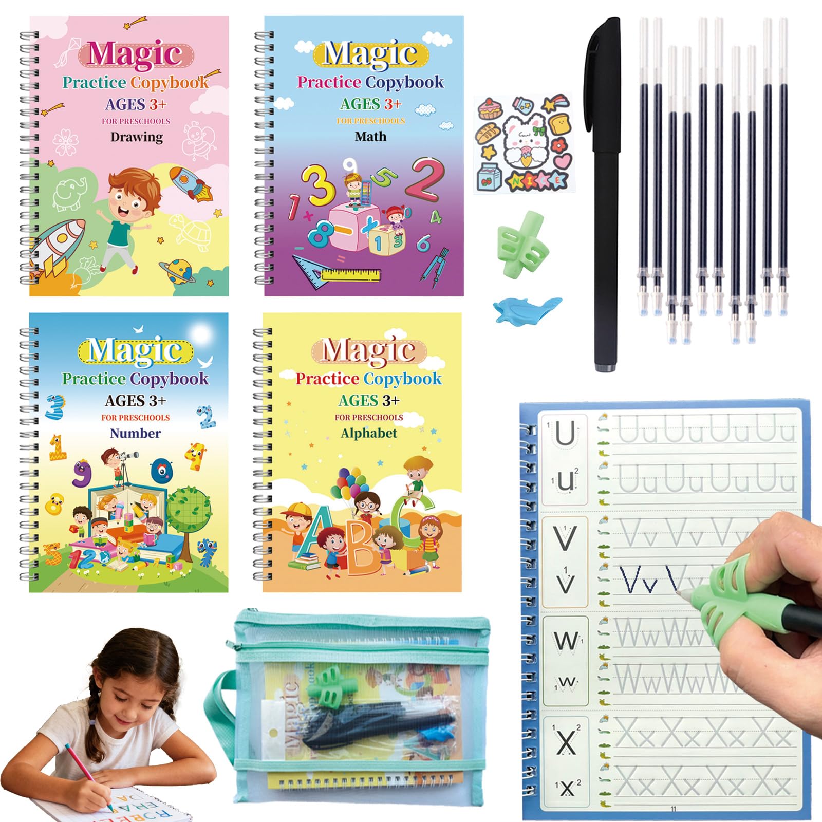 Magic Grooved Writing Practice Book for Kids Ages 3-5, Tiny Thinkers Reusable Handwriting Workbook with Letter Tracing, Learn-to-Write Gifts for 3-5 Year Old Boys & Girls, Preschool Classroom Must