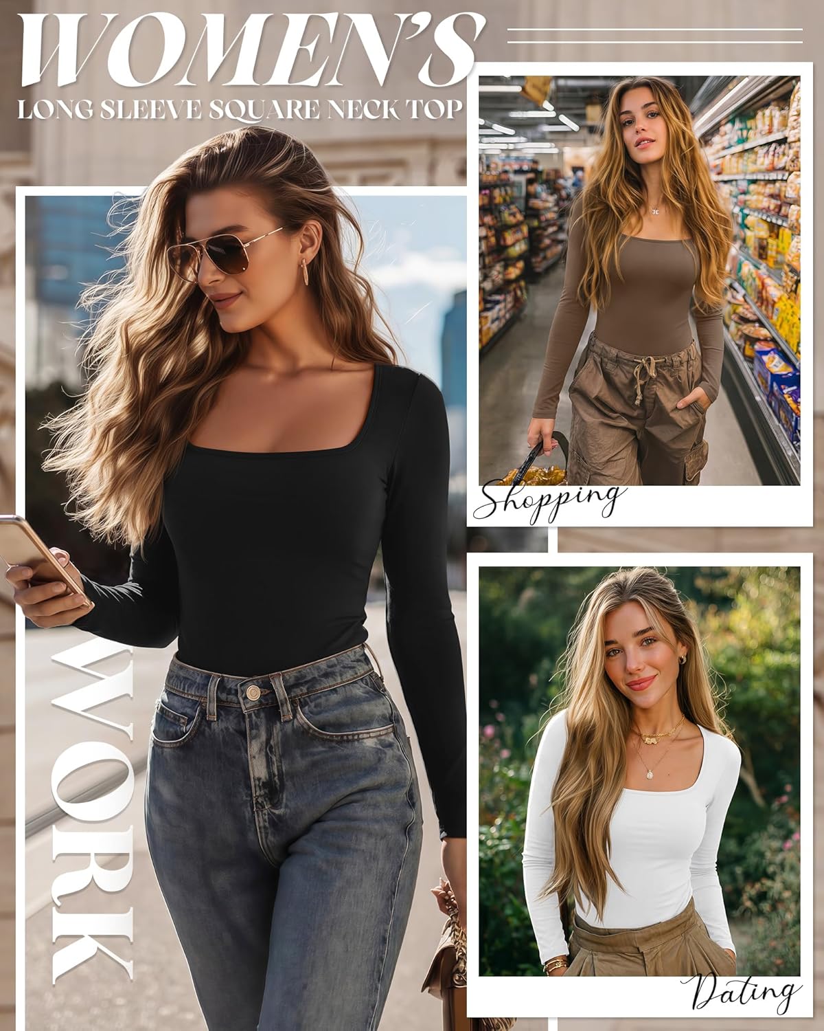 Ficerd 3 Pack Square Neck Tops for Women Long Sleeve Going Out Slim Fit Shirts Basic Tees 2026 Winter Y2k Clothes - Image 2