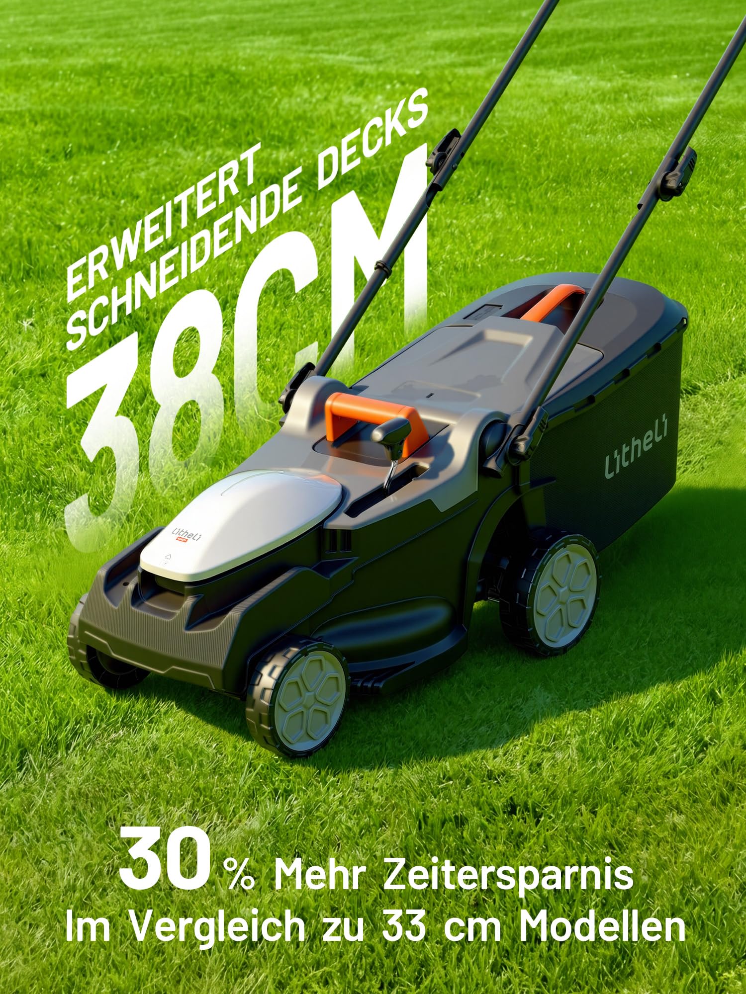 U20 Litheli Akku Rasenmäher Elektro, 38cm Schnittbreite, bis 300 m², 40L Fangkorb, 25-75 mm Schnitthöhe, inkl. 2 x 4,0 Ah Akkus