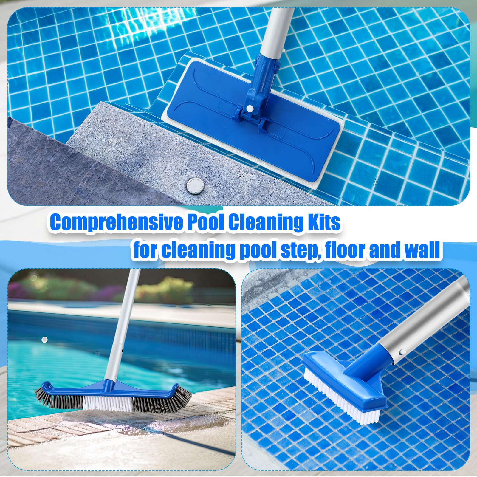 Tioncy 4-teiliges Poolbürsten-Set mit 119,4 cm langer Stange, verstellbarer 44,5 cm Pool-Bürstenkopf, Handscheuerbürste und Scheuerschwamm-Pads mit Aluminiumstange für Spa, Whirlpool, Badezimmer