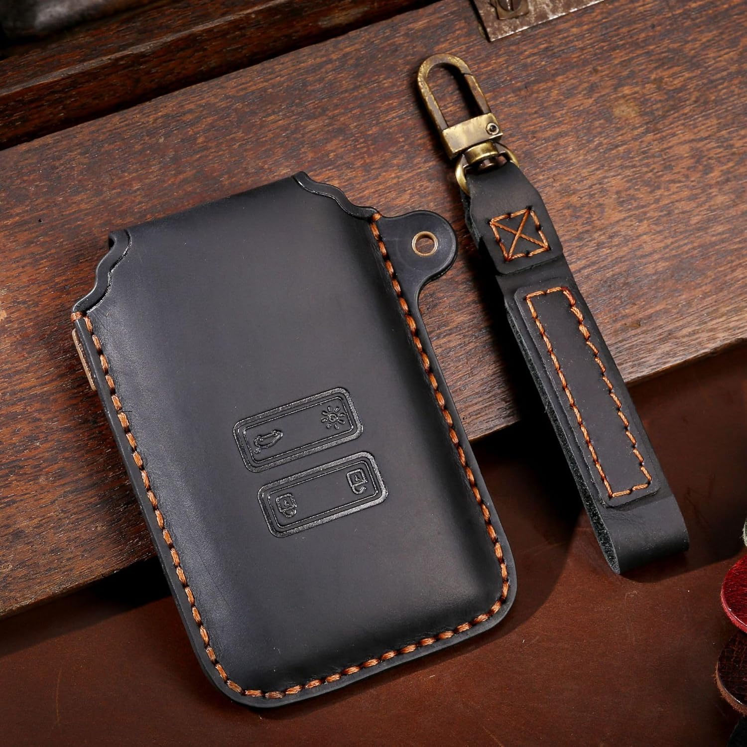 HIBEYO Leather Key Fob Cover for Renault Kadjar Koleos Clio Scenic Megane Duster Sandero Captur Twingo Accessories Smart Remote Auto Key Cover Protector-Black