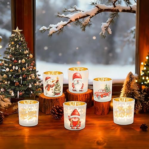 Miniatura 3 de Portavelas votivas de Navidad, juego de 3 portavelas de cristal blanco dorado rojo para centros de mesa de Navidad, portavelas de té de Navidad con