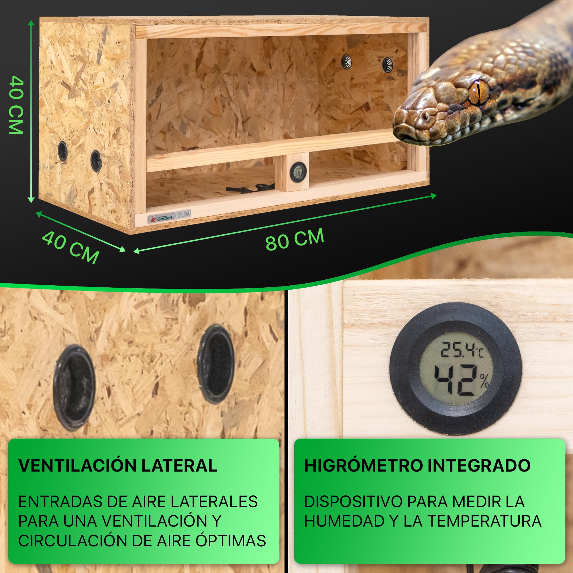 ITA Terrario de Madera 80x40x40 cm con ventilación Lateral e higrómetro Integrado - Terrarios de OSB-3 - para Reptiles, Serpientes, Anfibios - Producto UE, Certificado FSC