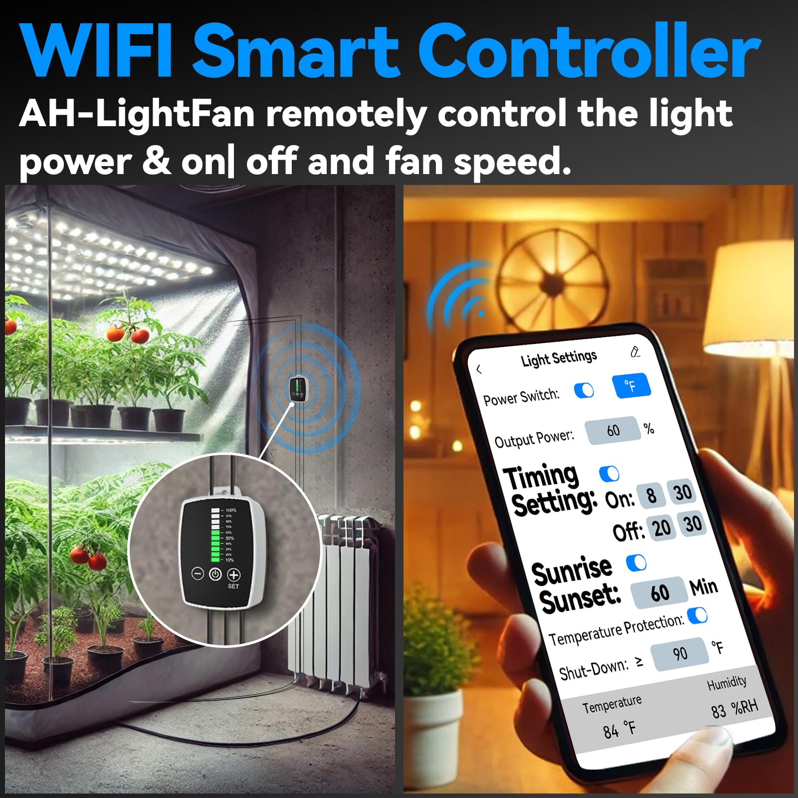 AH-LightFan Control LED Grow Lights, Inline Duct Lüfter, Sonnenaufgang und Sonnenuntergang, Lüftergeschwindigkeit, Uhrzeit basierend auf | Aus und Leistung%