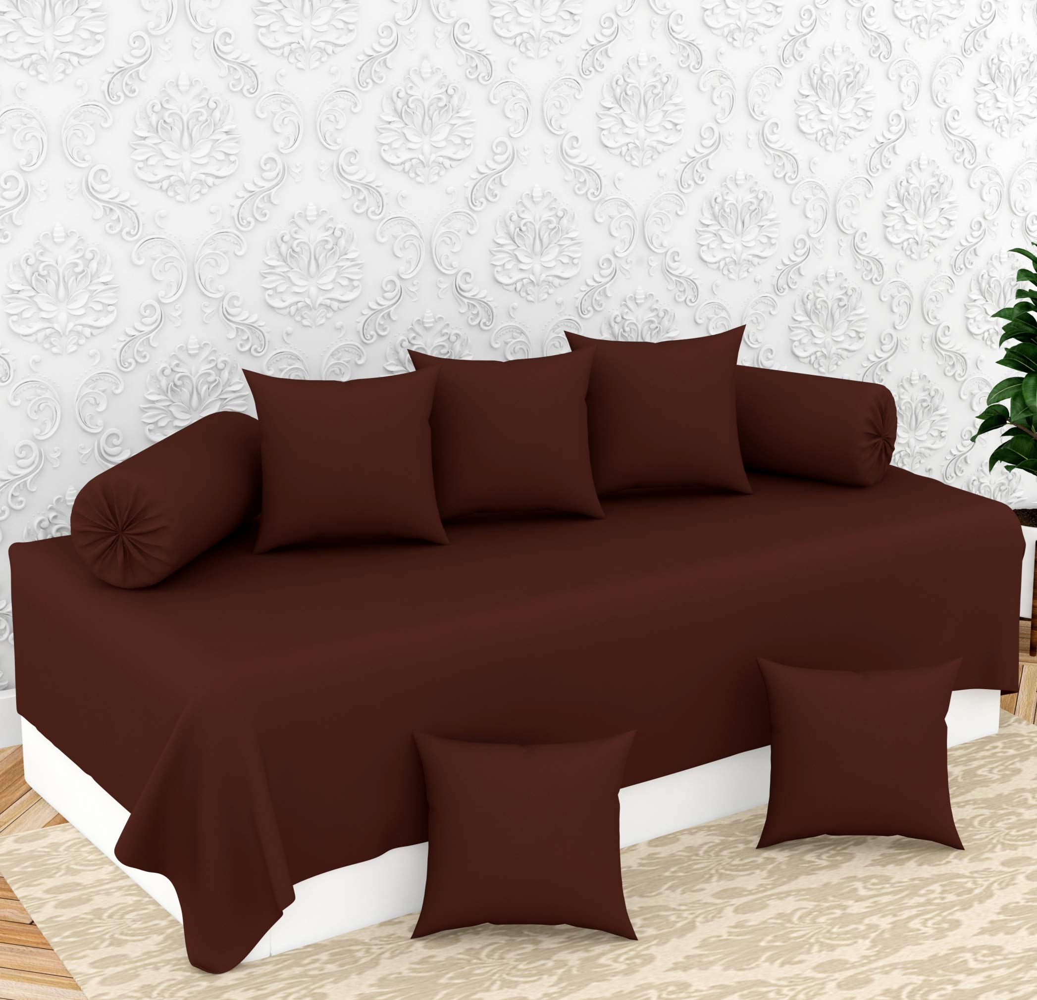 BROMWICK Solid Color Microfiber Diwan Set 8 Pieces, 1 Single bedsheet, 5 Cushions Covers and 2 Bolster Covers - Brown