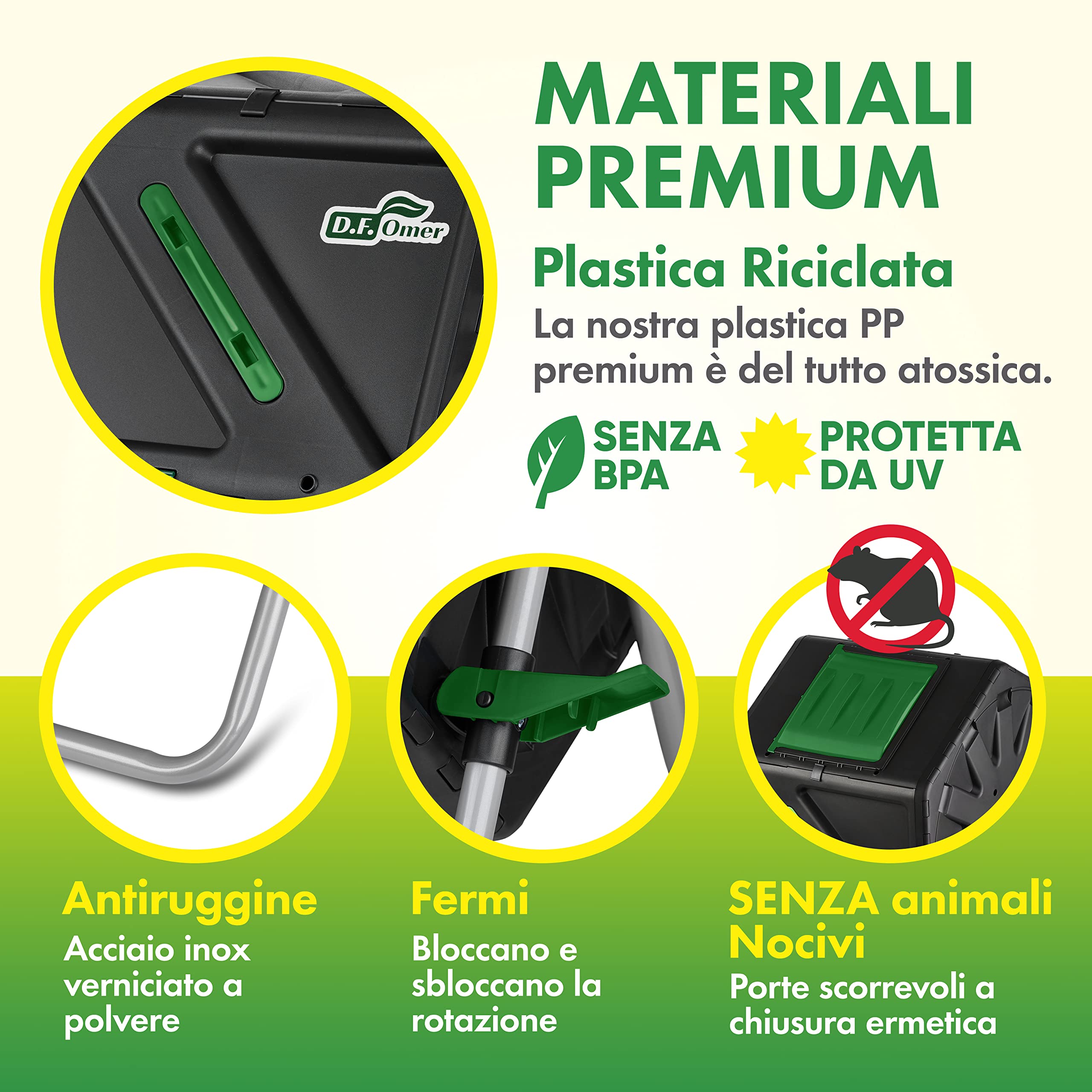 DF OMER, Contenitore Compostaggio Giardino a Camera Singola, Grande Volume, Design Compatto, Capacità 105 l, Compostiera Girevole Robusta per Tutte le Stagioni