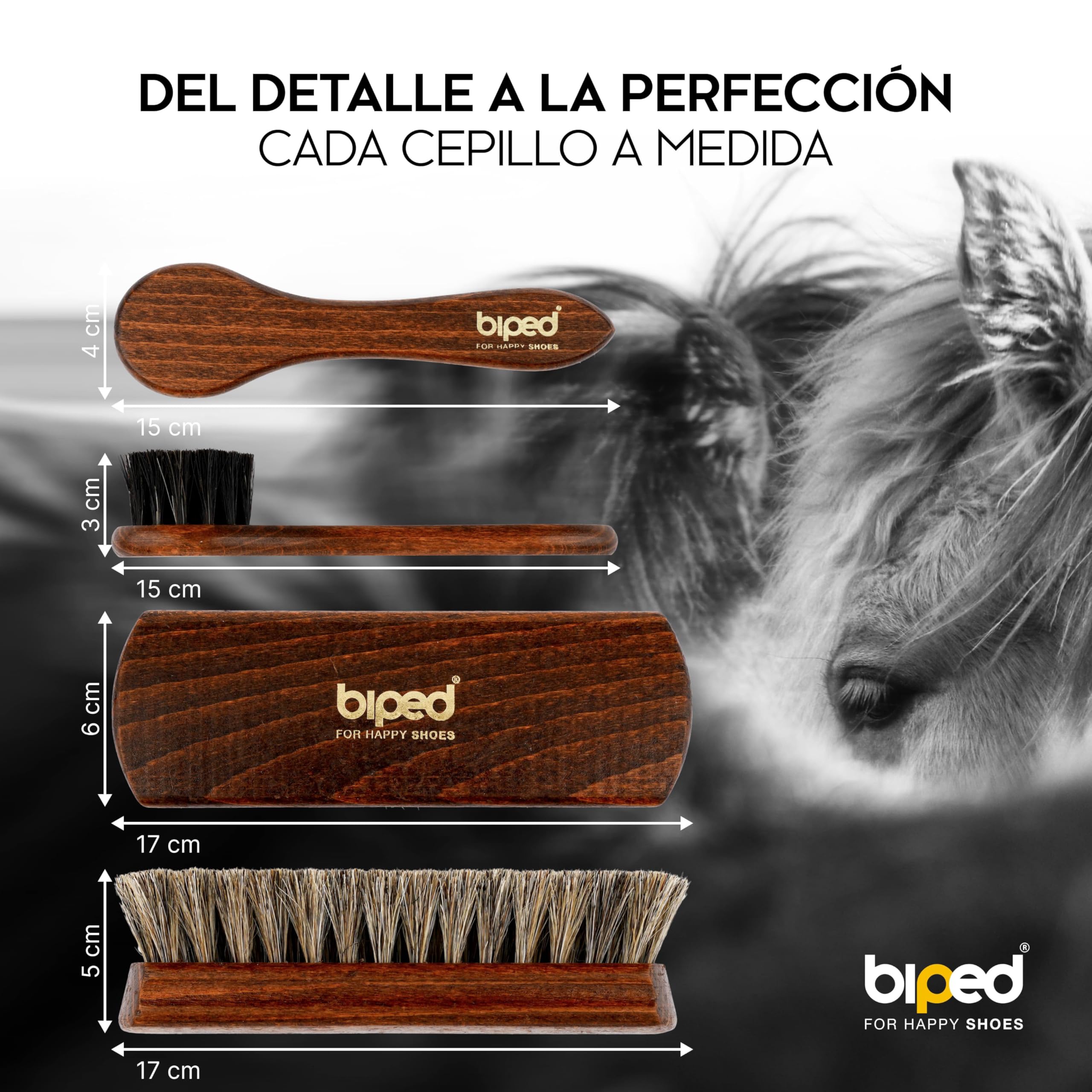 Biped Set de 4 cepillos para Zapatos Classic con Mango de Haya – 2 para aplicar betún + 2 para abrillantar con Crin de Caballo – Completo Kit de Cuidado del Calzado en Caja Regalo z2487