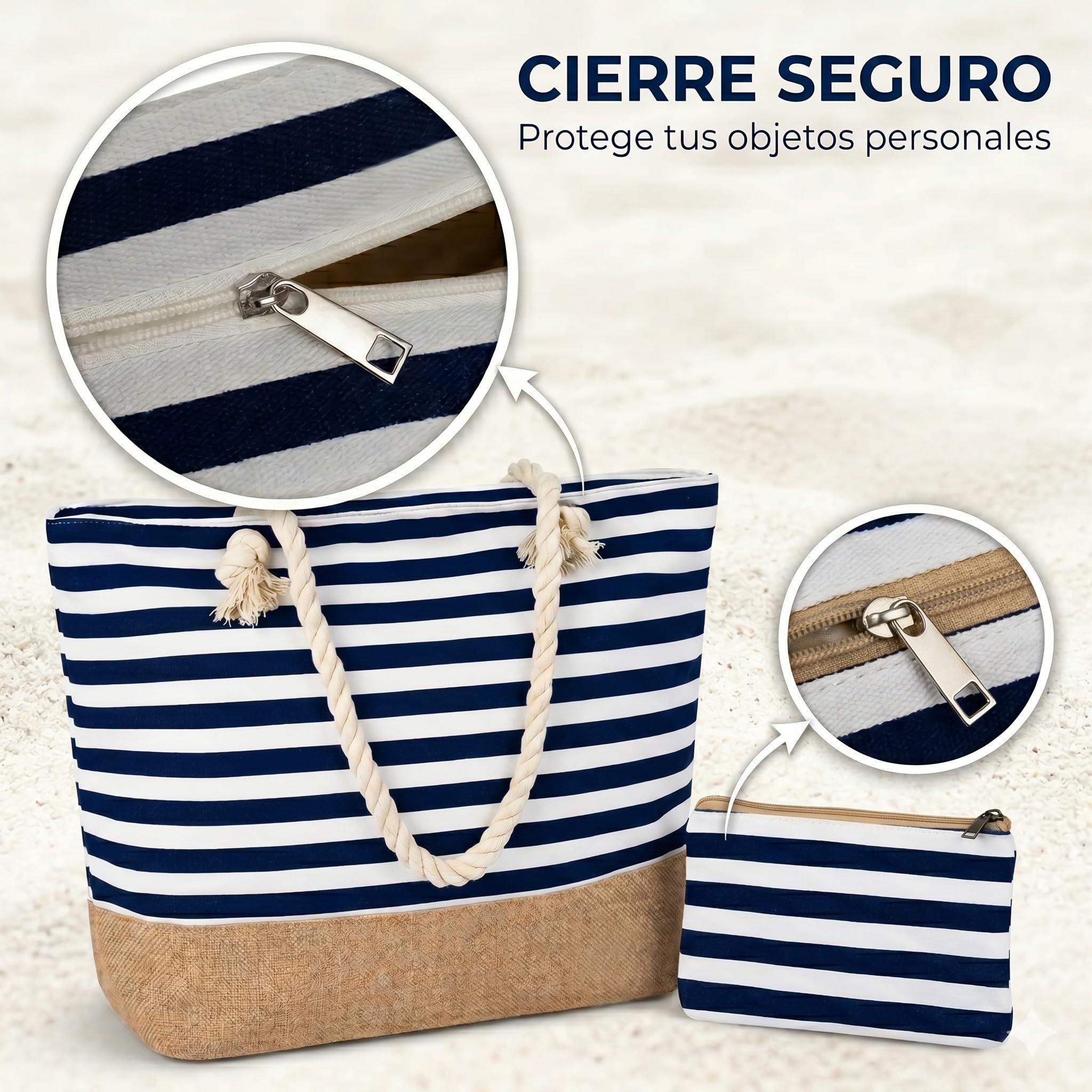 AlfaHome - Bolso playa mujer grande con cremallera – Bolsa playa impermeable con neceser adicional, bolso verano mujer resistente y elegante para playa, piscina o uso diario (50x35x15 cm, 22L)