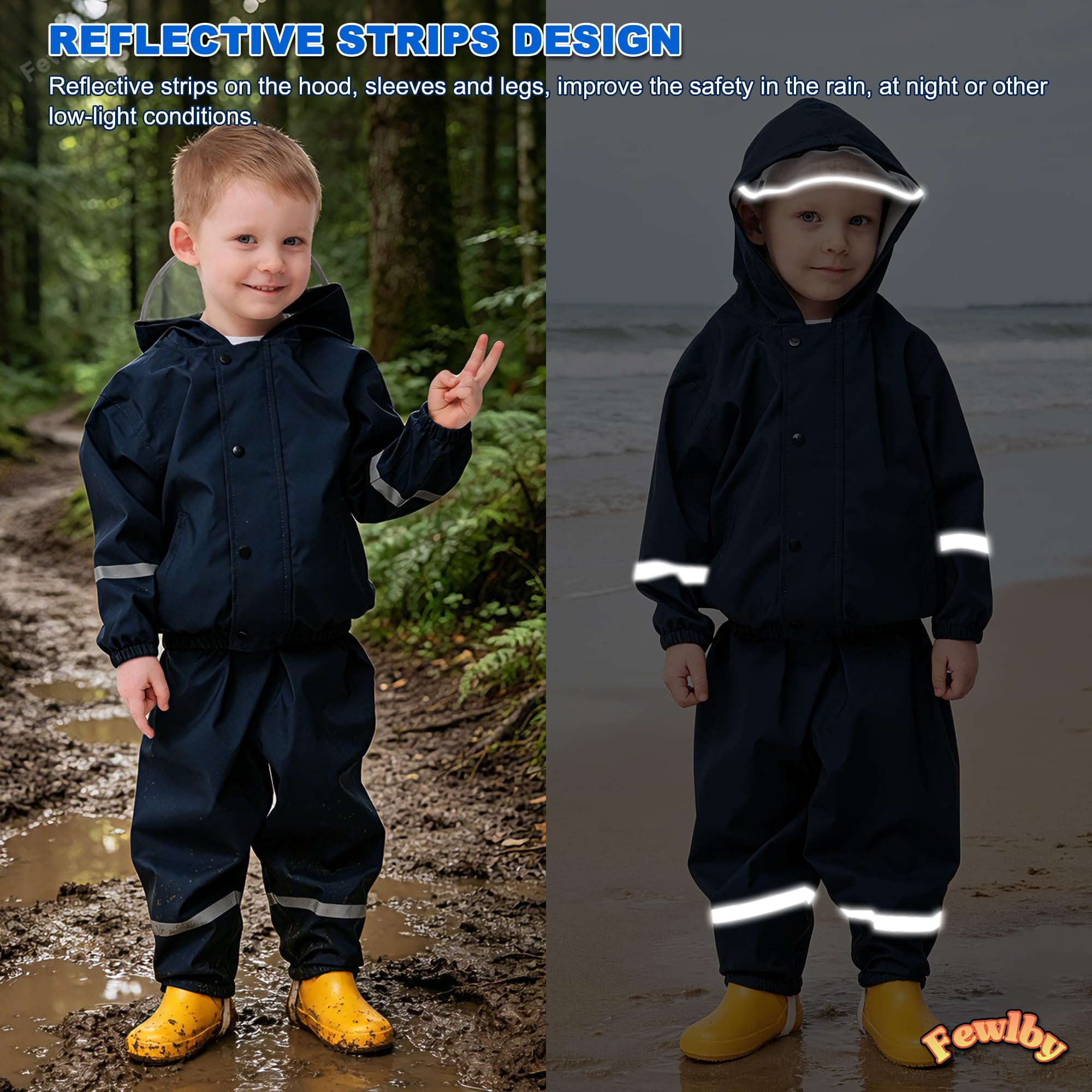 Fewlby Enfant Combinaison Imperméables, Veste de Pluie + Pantalon Imperméable 2PCS Ensembles, Filles Garçons Manteaux Imperméables Pantalon de Pluie Réutilisables Vêtements de Pluie
