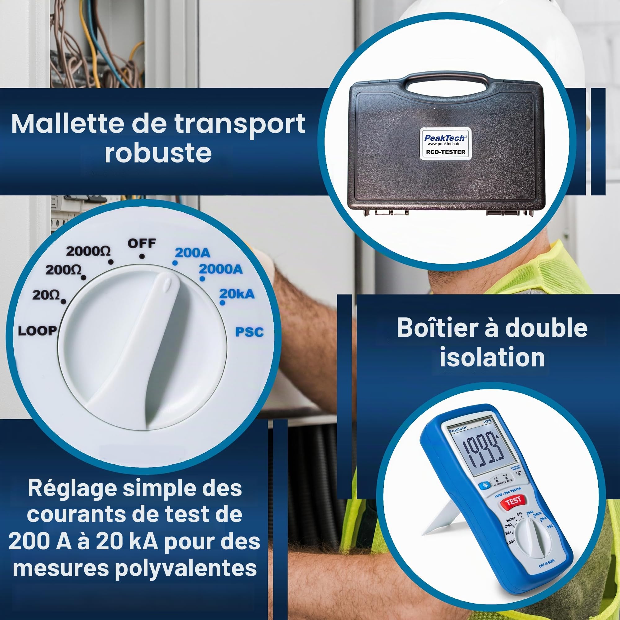 PeakTech P 2715 - Testeur Numérique de Circuit PSC avec Afficheur LCD, Testeur d'Impédance, Mesure du Courant de Court-Circuit Estimé, Disjoncteur, Boîtier Isolé - CAT III 600 V