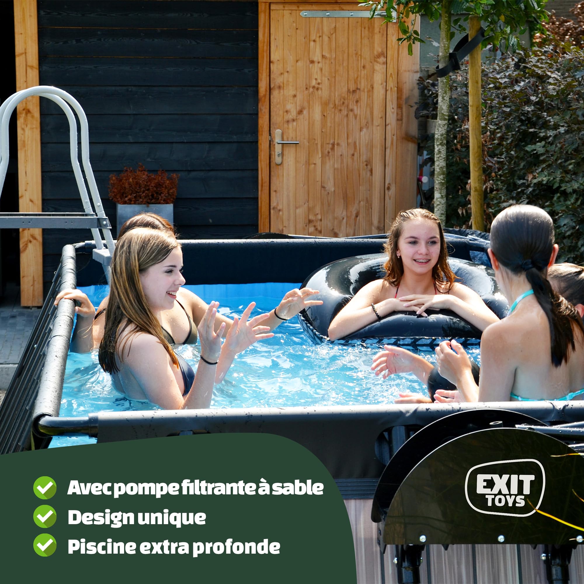 EXIT Toys Piscine Wood - 400x200x122cm - Grande Piscine rectangulaire avec Pompe à Filtre à Sable - Piscine Extra Profonde - Cadre Solide - Comprend échelle de Piscine - Design Unique - Marron