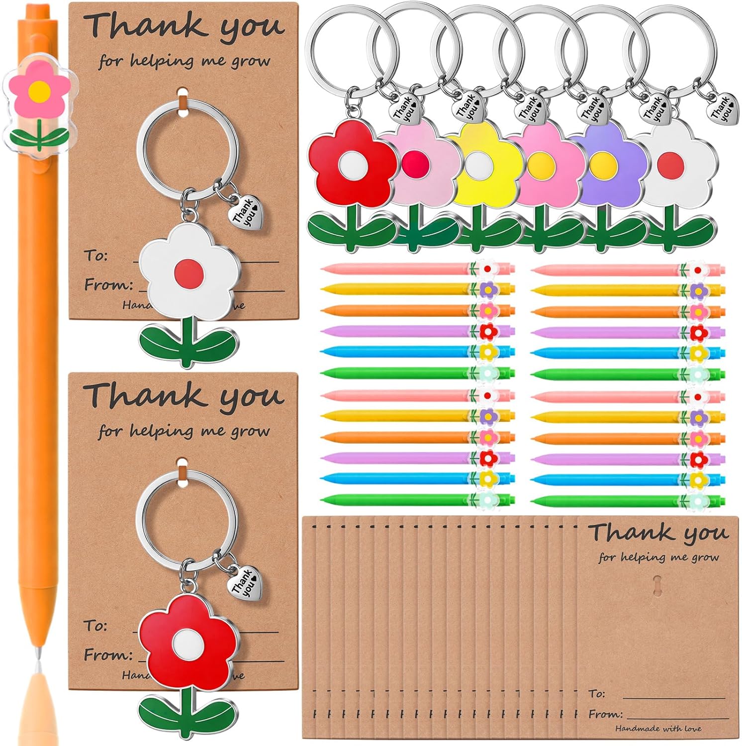 Harloon 24 Sets Teacher Appreciation Gifts Pens Bulk Thank You for Helping Me Grow Keychains with Thank You Cards Flower Ballpoint Pens for Women Men Office Supplies