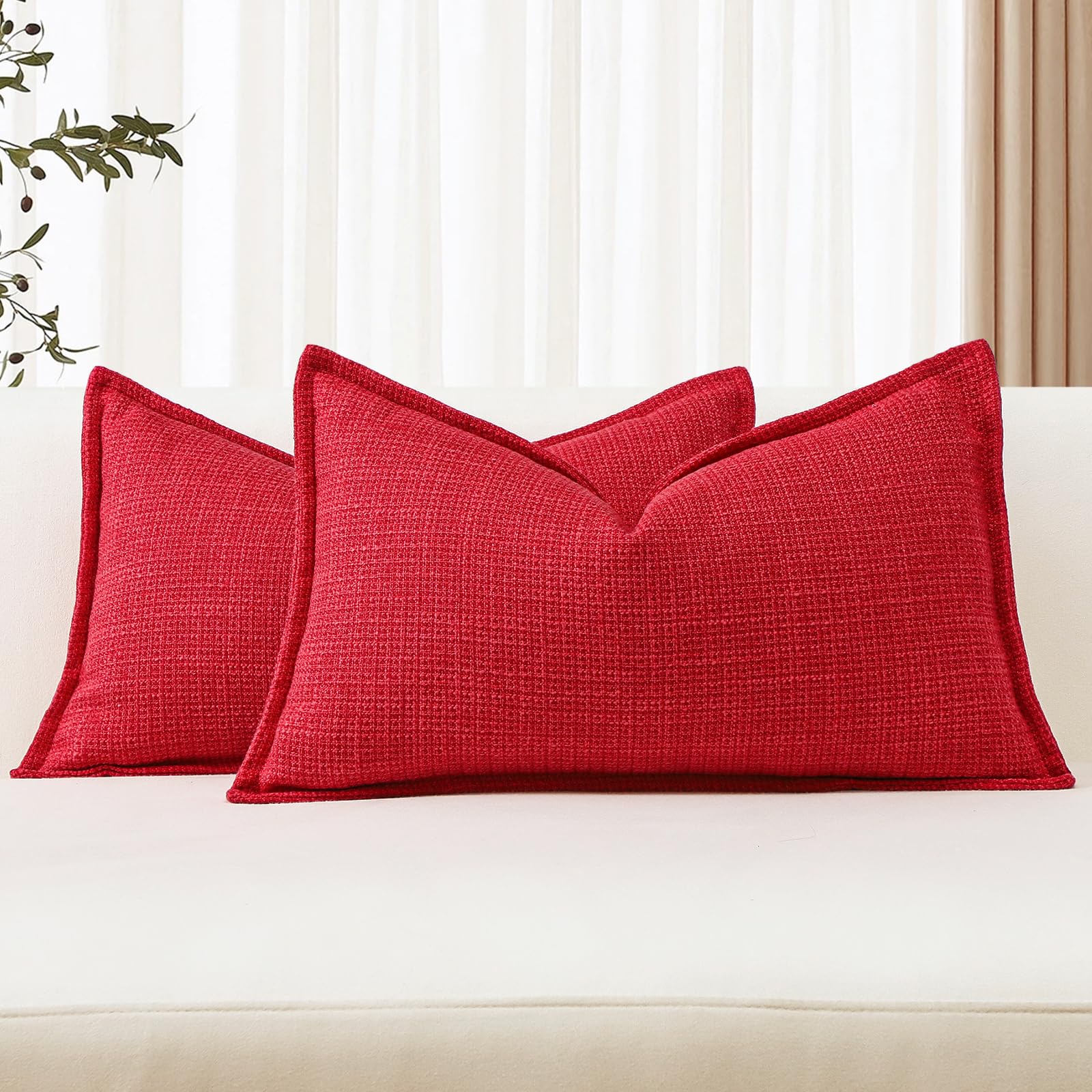 Artscope Pack of 2 Red Decorative Cushion Covers 16x24 Inch Soft Linen Texture Couch Throw Pillows Farmhouse Pillow Covers with Elegant Design for Sofa Bedroom Living Room Home Decor 40 x 60 CM - Image 2