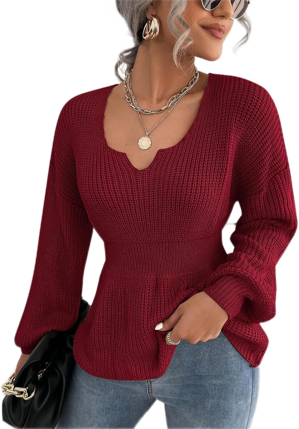 Women's Sweater Notched Neck Bishop Sleeve Ribbed Knit Sweater Sweater for Women (Color : Burgundy, Size : Large)