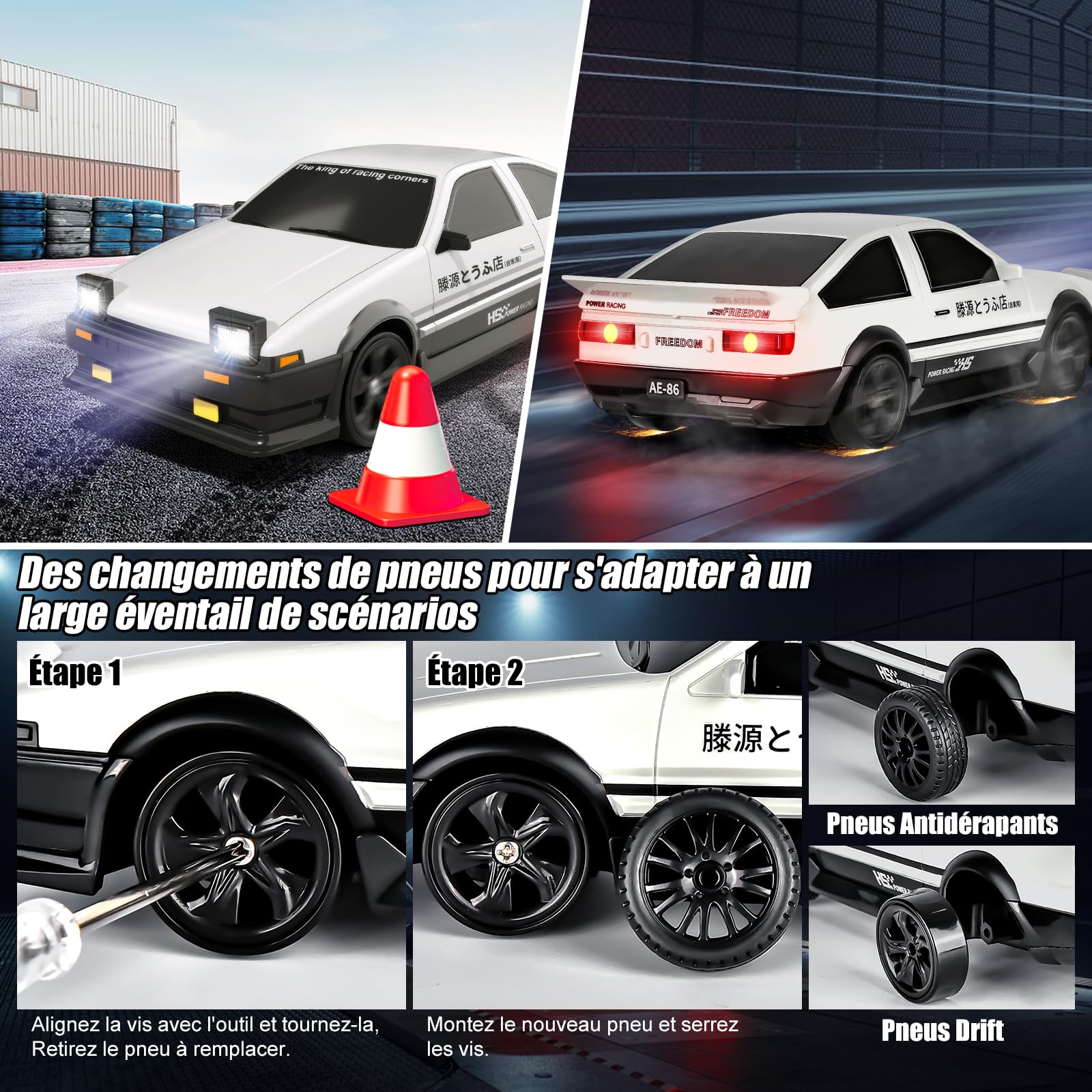 BuzzoXerex Voiture Télécommandée Drift, 1:24 Mini RC Drift Car, 4WD Dérive Voiture, Mini Voiture Télécommandée avec Lumière LED, Cadeau de Voiture Jouet pour Les Enfants de Plus de 6 Ans (Blanc)