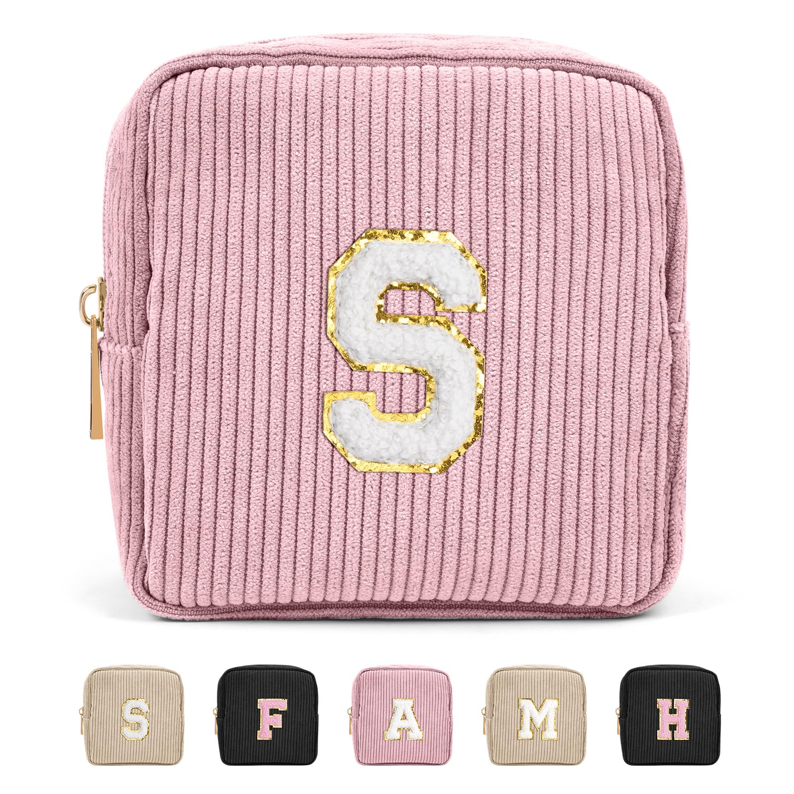 MAGEFY Makeup Bag for Purse Initial Mini Makeup Bag Small Corduroy Cute Cosmetic Pouch for Women with Slip-in Pockets (Pink-S)