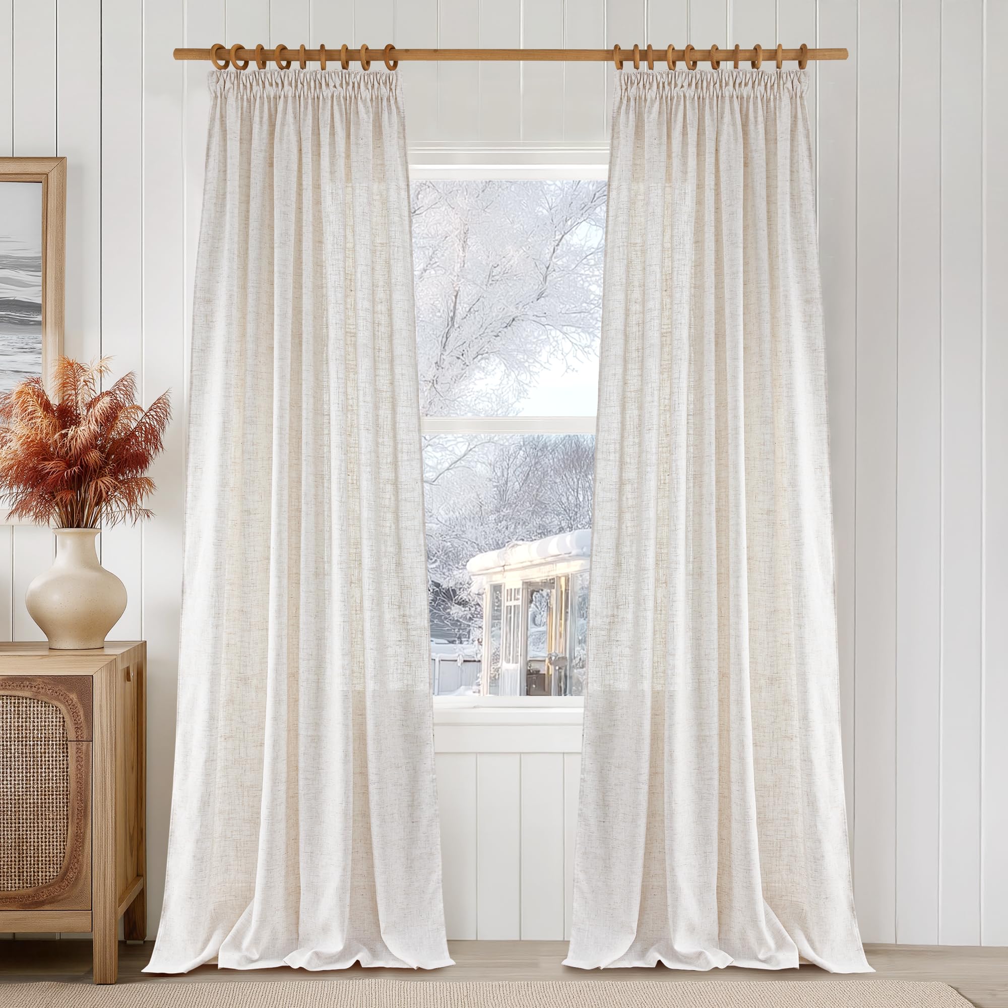 PONY DANCE Lot de 2 Rideau Voilage Lin - Rideaux Translucide L140xH245cm : Lumière Douce & Intimité pour Chambre Salon Maison, Decoration avec Galon Fronceur, Écru