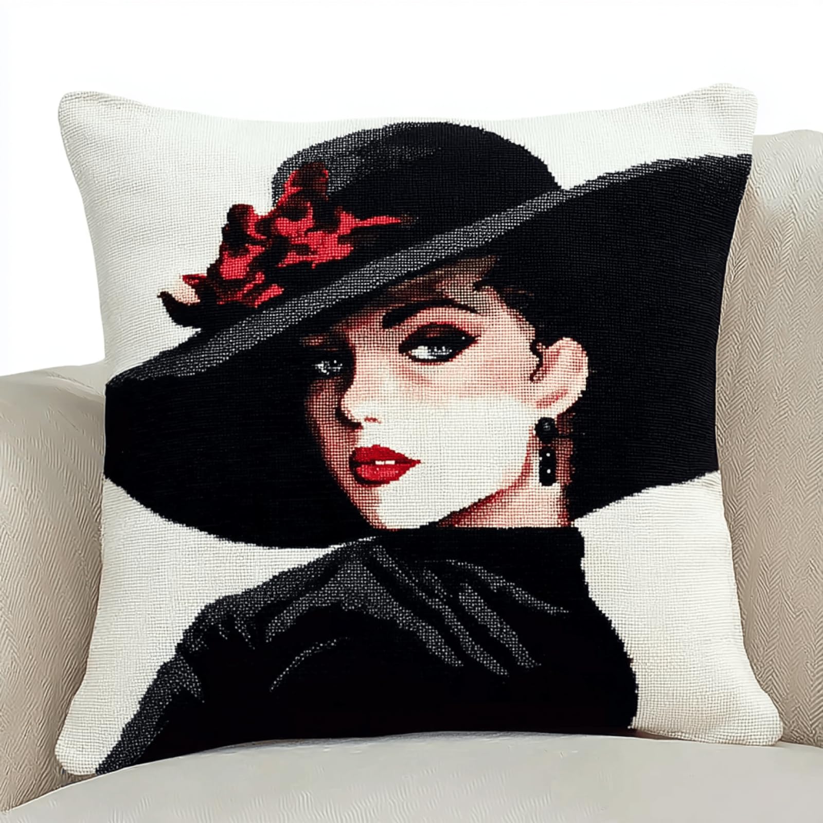 XDEGHUANGSS DIY Latch Hook Cushion Kit,43x43 cm Colourful Pre-Printed Canvas,Beginner-Friendly Needlework Craft with Acrylic Yarn & Tool for Unique Home Decor,Retro Classical Girl