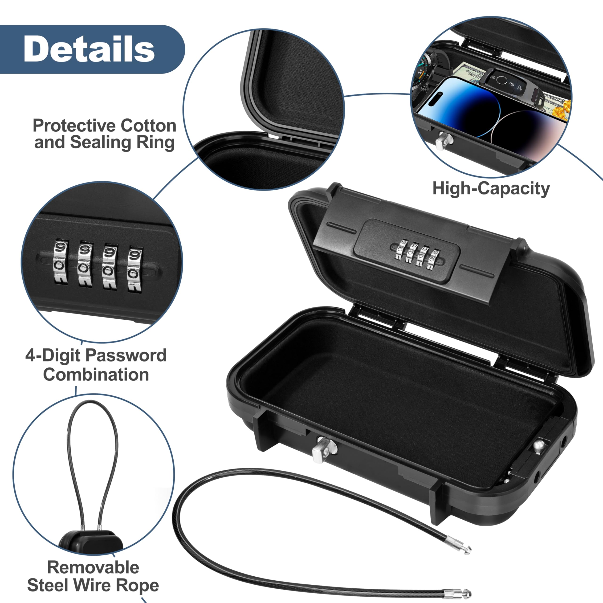 Cassetta di Sicurezza Combinazione, Cassaforte Portatile, Impermeabile Mini Cassaforte con Rimovibile Fune Metallica per Viaggio, Spiaggia, Sampeggio (Nero)
