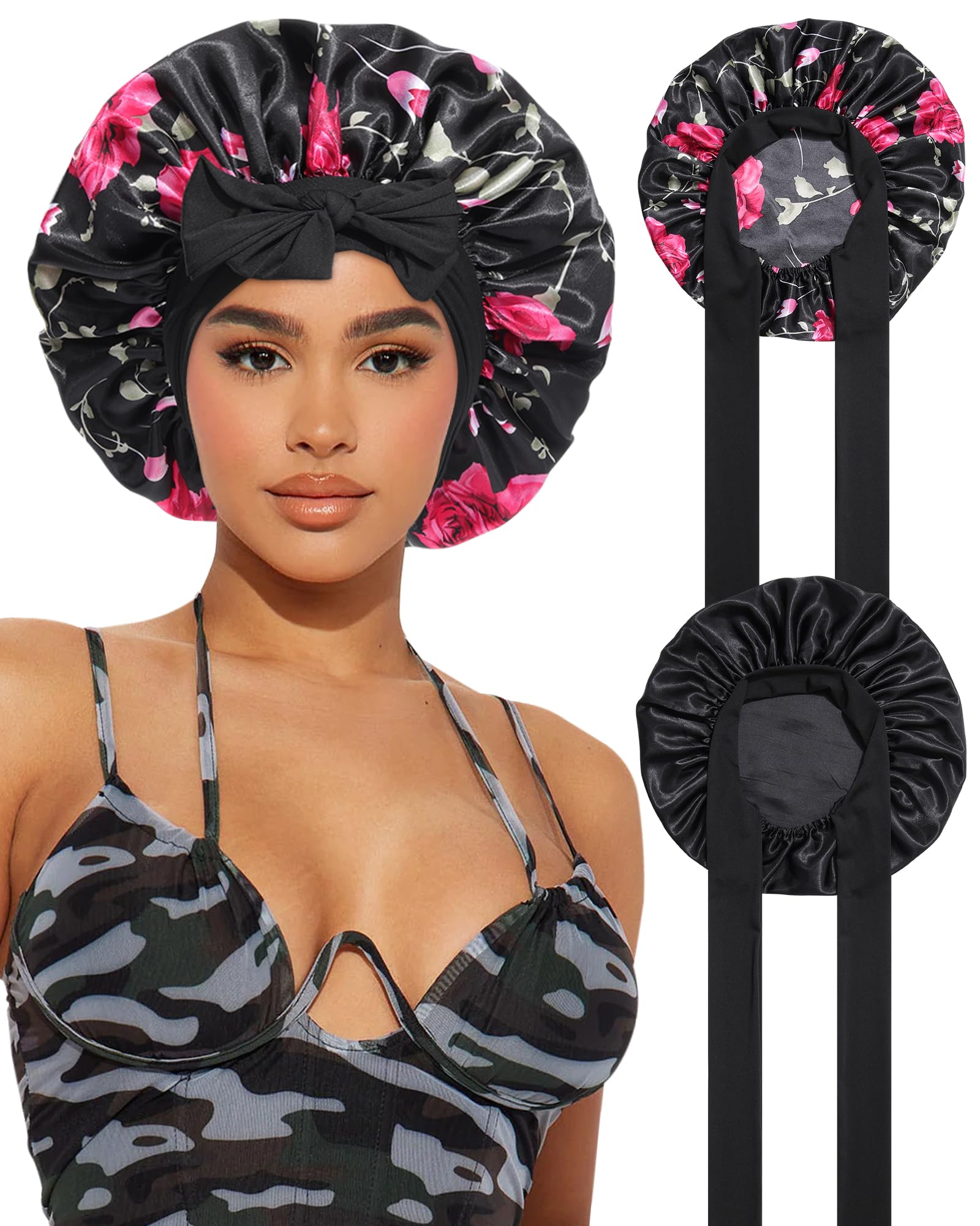 2PCS Satin Bonnets Silk Bonnet for Sleeping Women Curly Hair Bonnet with Tie Band Bonnets Sleep Cap