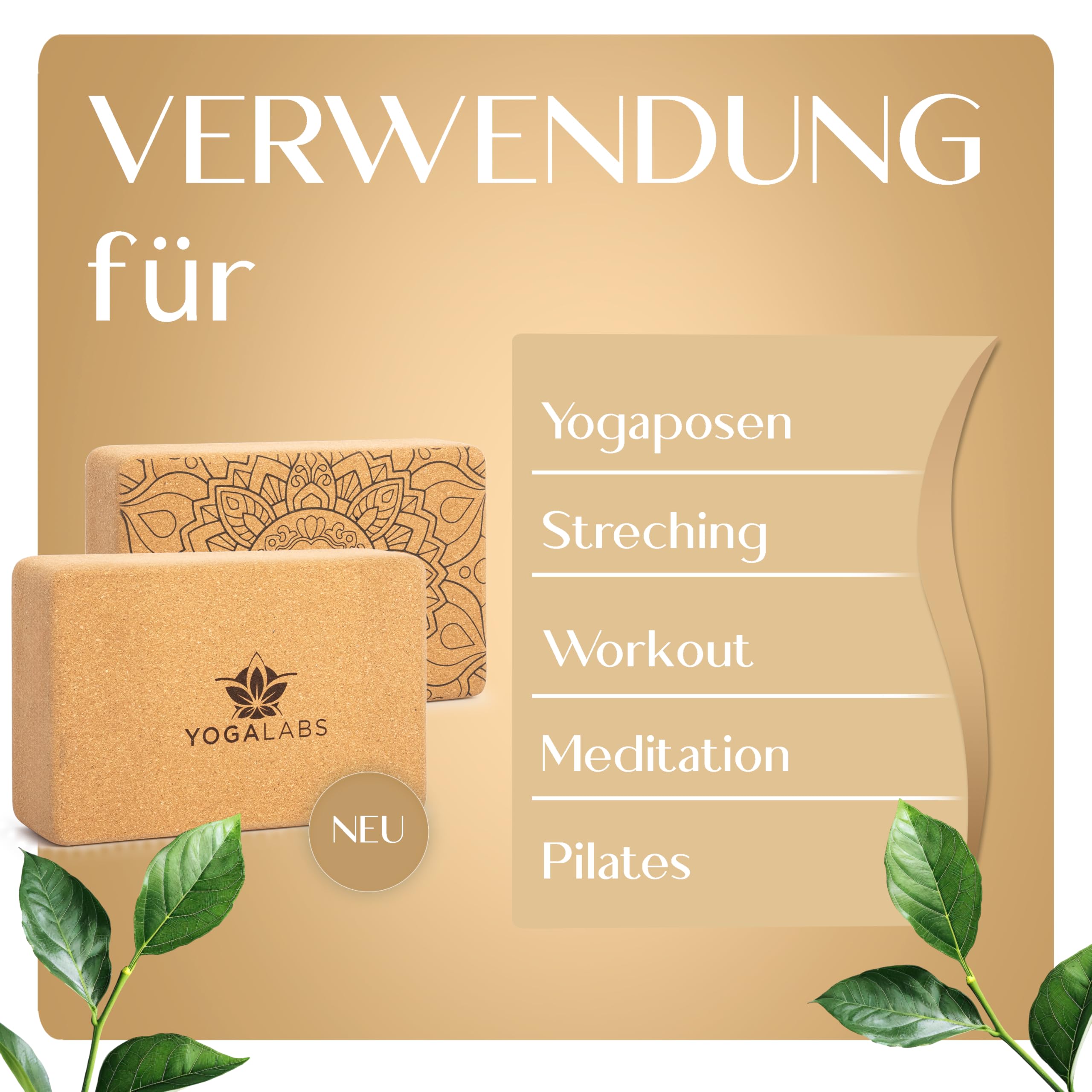 Premium Yoga Block (22,5x15,0x7,5) aus nachhaltigem Natur-Kork hautfreundlich - Yogablock & Meditation Zubehör für Rücken, Streching & Sitzen rutschfest - Yoga-Blöcke schadstofffrei
