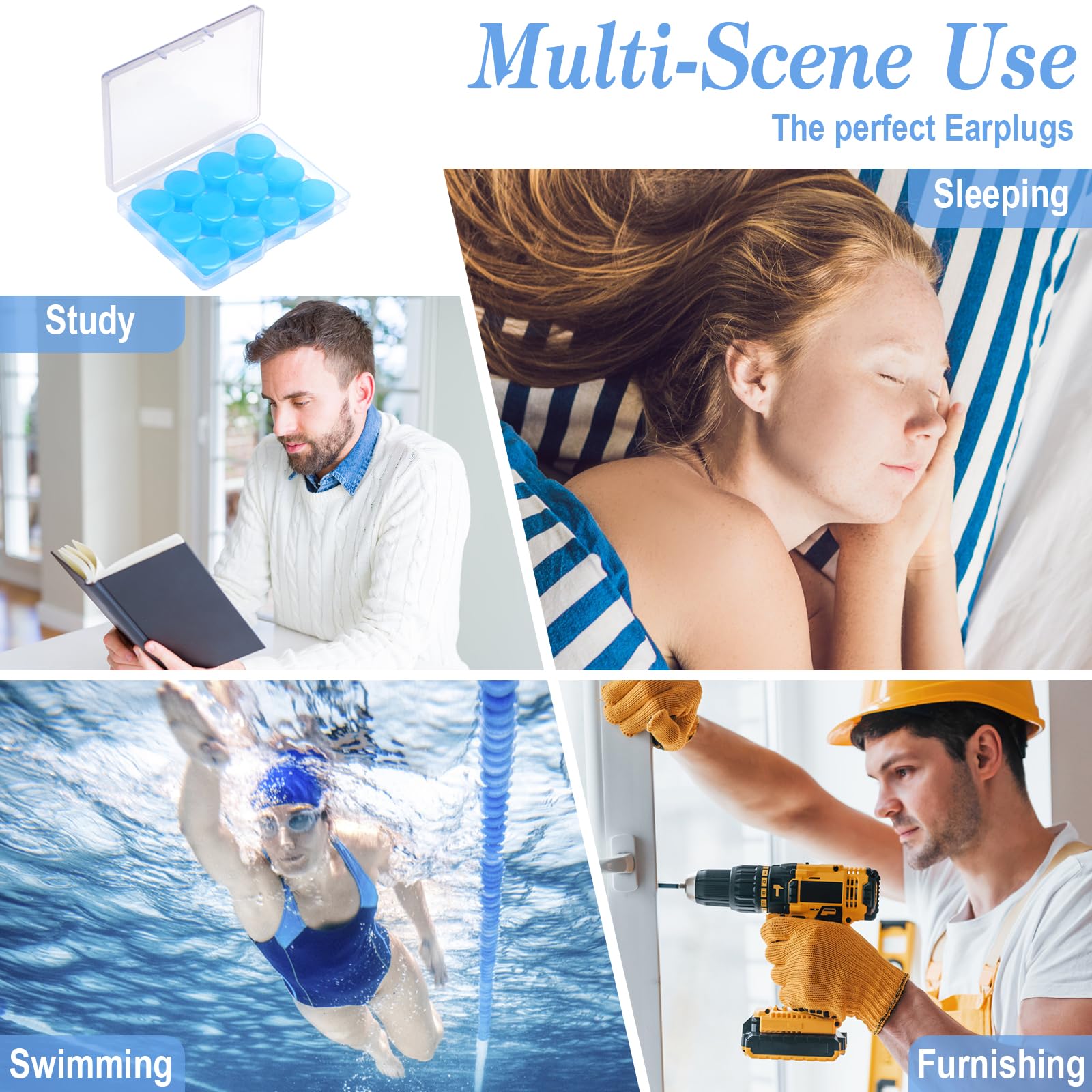 12 Paia Tappi Orecchio Silicone Riutilizzabili tappo per Dormire e Nuoto orecchia Antirumore Morbida Modellabili per Bambini e Adulti (Blu)