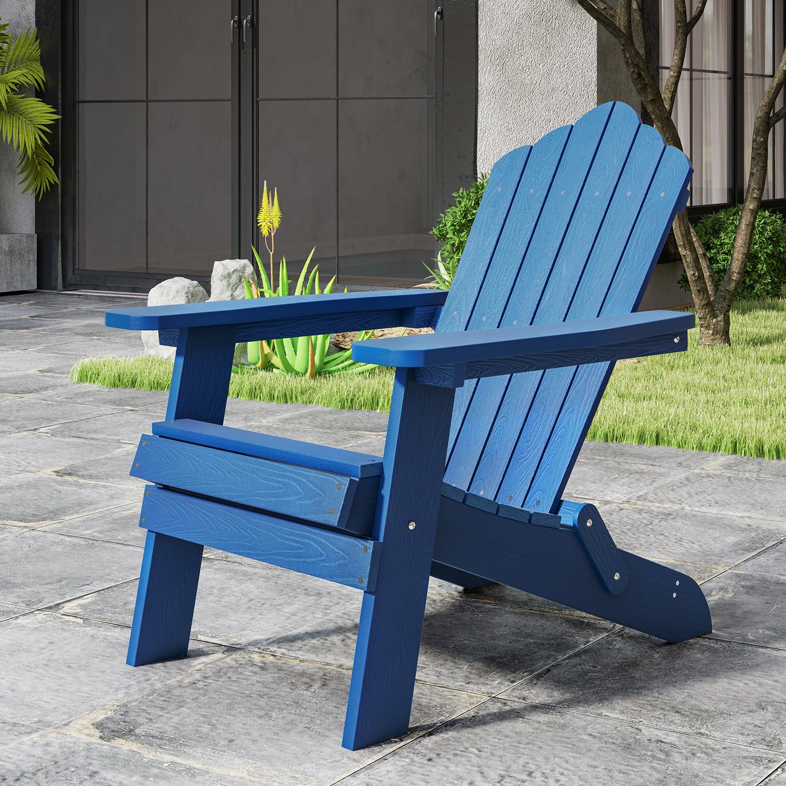 GIANTEX Silla Adirondack Plegable de Jardín, Respaldo Inclinado y Reposabrazos Anchos, Carga hasta 180 kg, Silla de Relax para Jardín, Patio, Balcón (Azul)