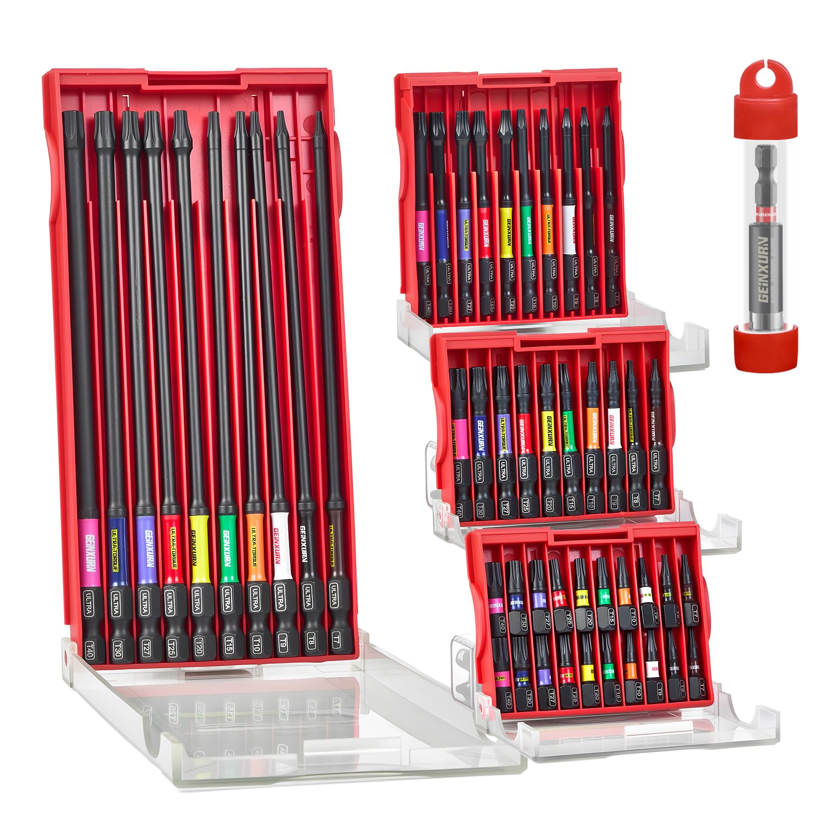 GEINXURN 51 Pièces Jeu d'embouts de Vissage Torx T7-T40 aux Chocs de 25/50/75/150 mm, Embout pour Tournevis en Acier S2 avec Porte-embouts Magnétiques de 75 mm Long et Boîte de Rangement