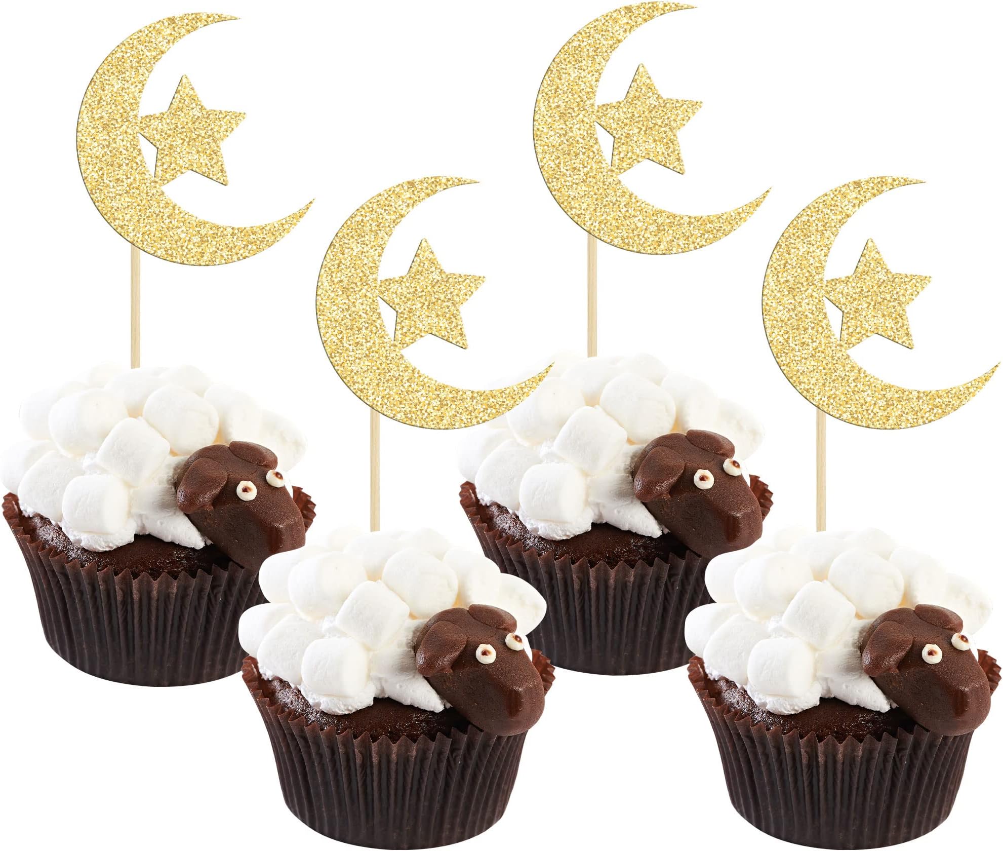 36 Pack Gold Glitter Moon and Star Eid Mubarak Cupcake Topper Ramadan Kareem Party Supplies Islamic Muslim Party Decorations